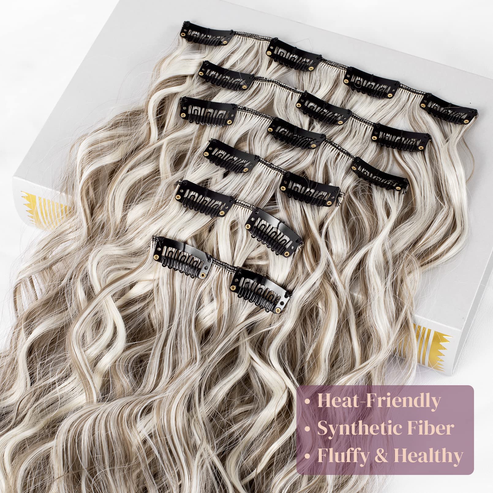 Lonai Clip In Hair Extensions, 6Pcs Curly 24'' Long Synthetic Clip On Hairpiece For Women Ash Brown With Blonde Highlights