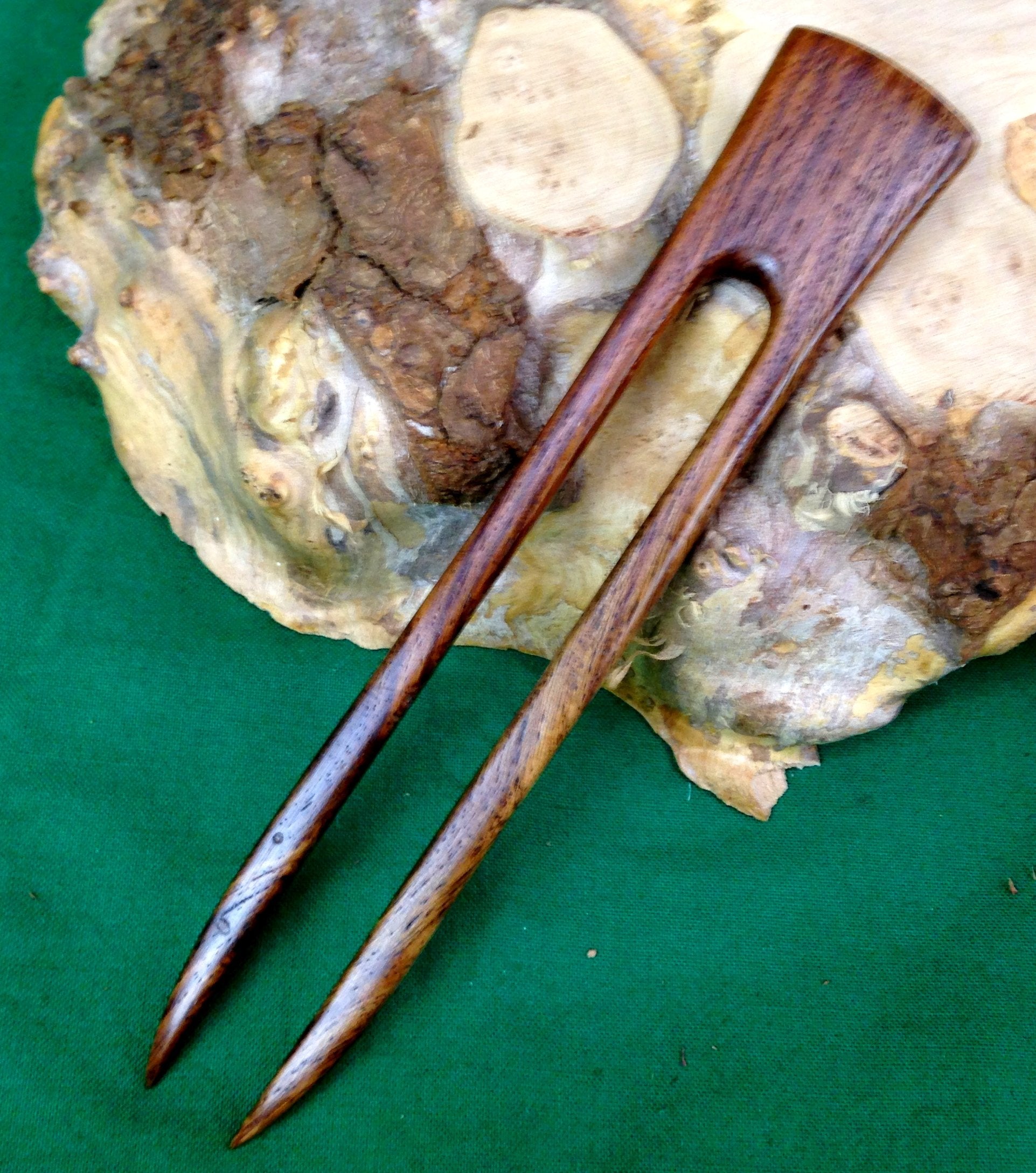 (1) Rosewood Wood Two Prong 6 Inch Straight Hair Stick Pick Pic Pin Fork