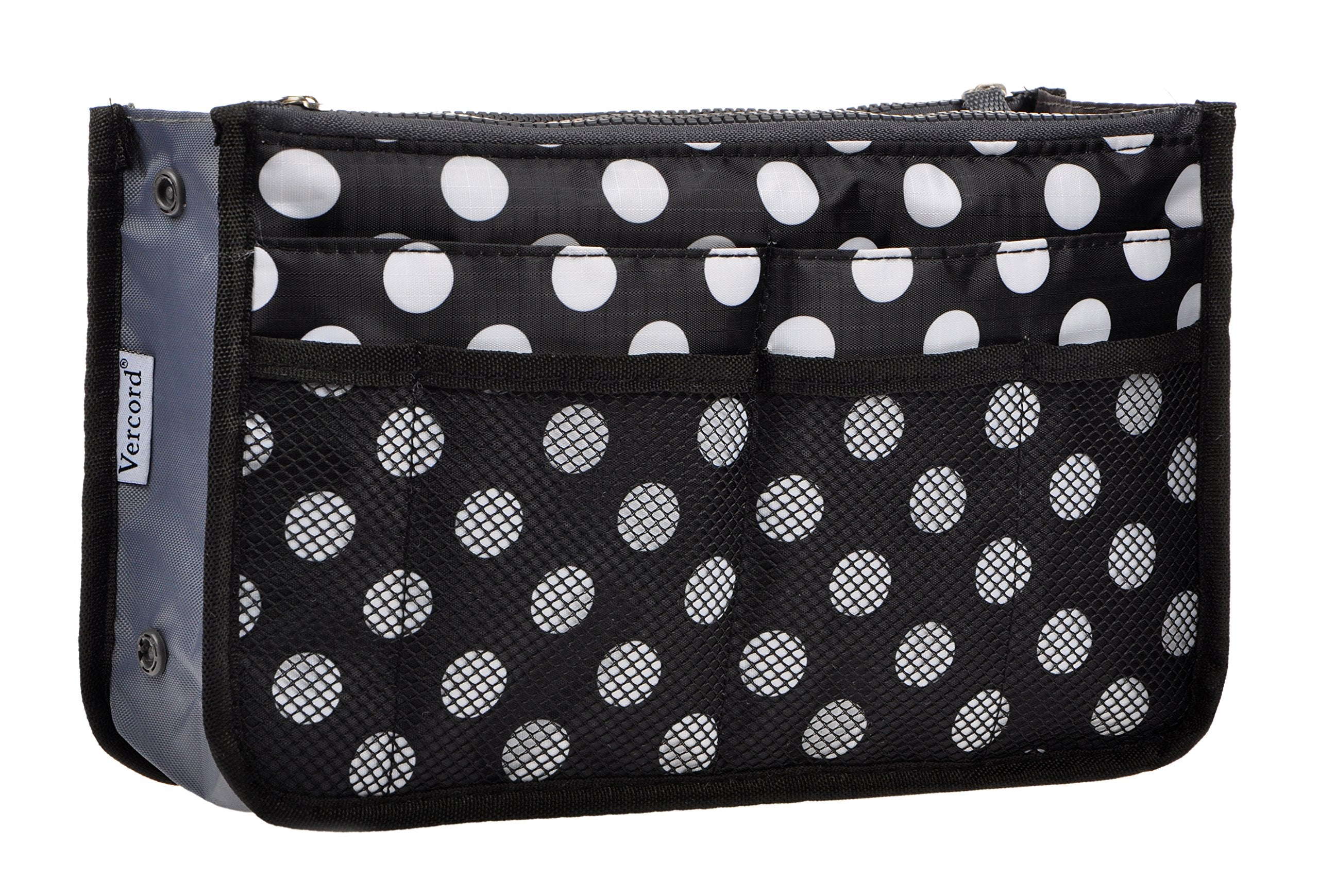 Vercord Purse Organizer Insert for Handbags Bag Organizers Inside Tote Pocketbook Women Nurse Nylon 13 Pockets Black Dots Large