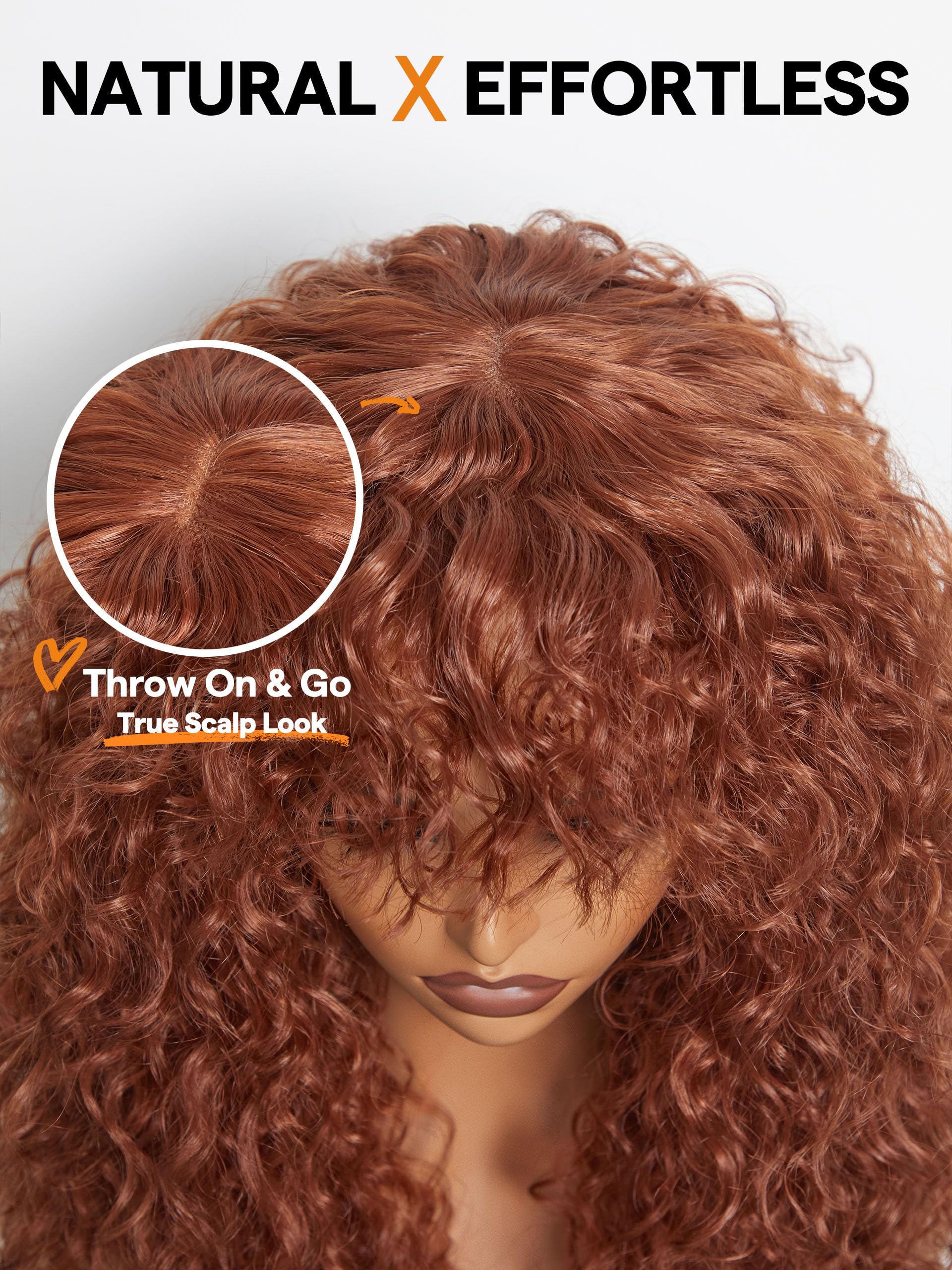 GORGIUS Curly Wig with Bangs | Premium Fiber & Remy Hair Blend | Trending Ginger Brown | Realistic Look with True Scalp