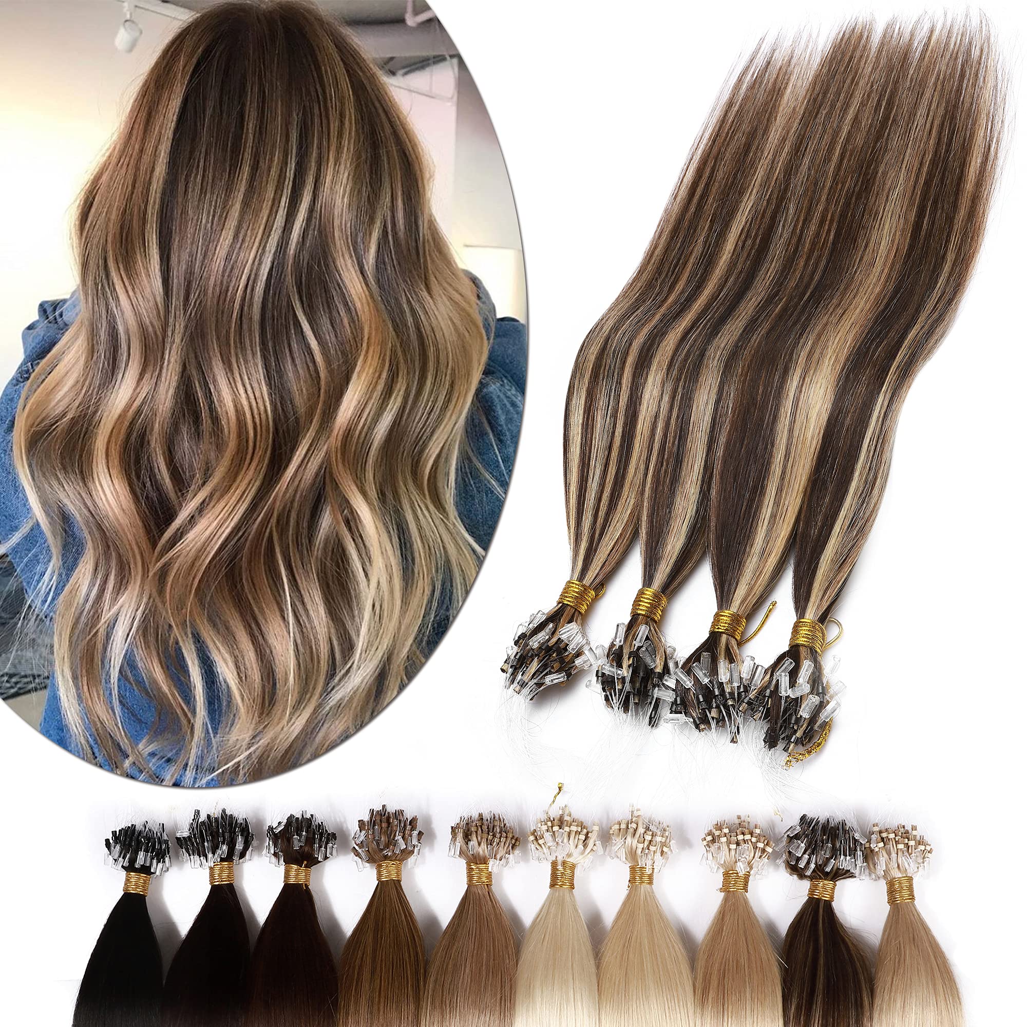 SEGO Micro Link Hair Extensions Human Hair Balayage 16 Inch 50g Micro Beads Hair Extensions Real Human Hair Pre-bonded Micro Loo