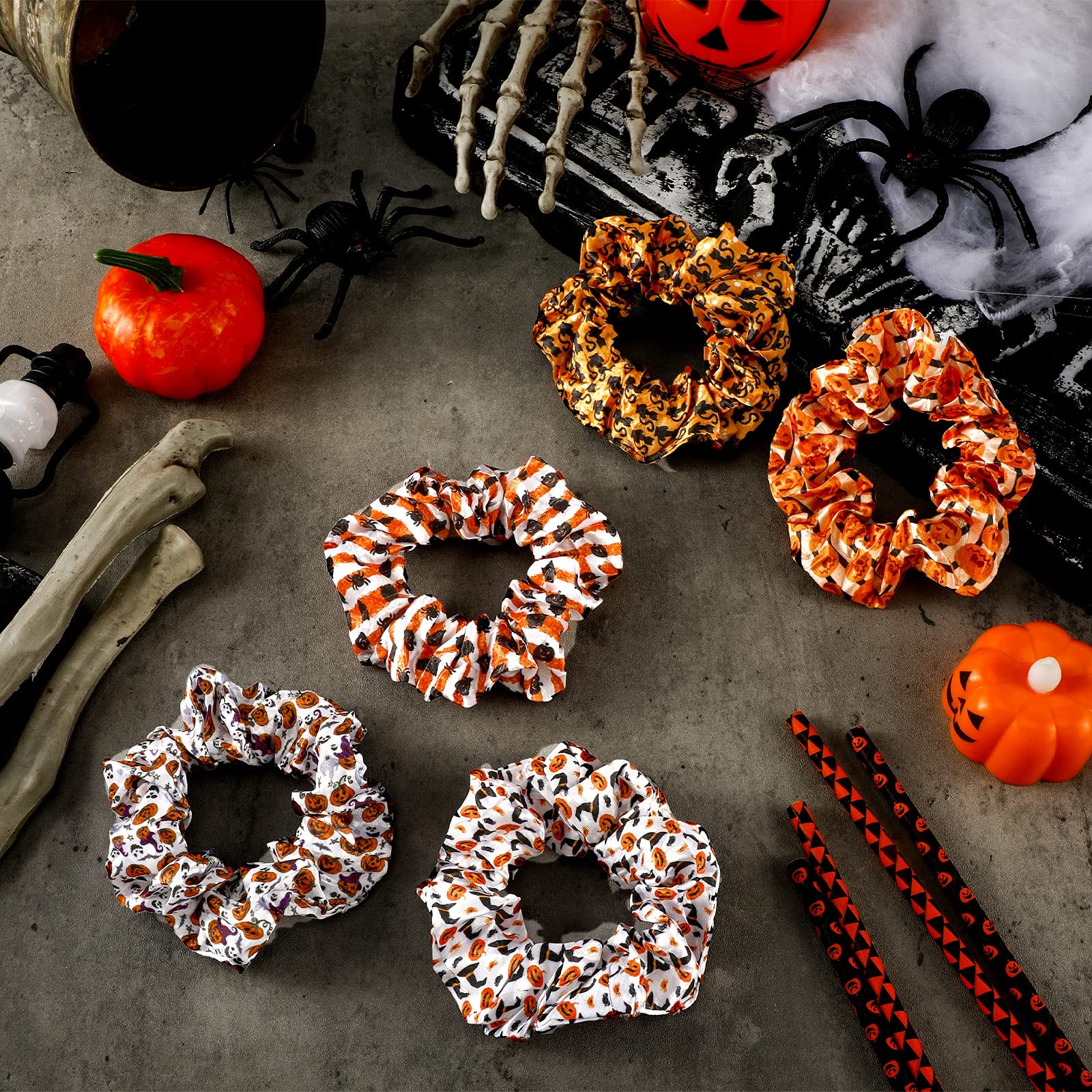 12 Pcs Halloween Hair Scrunchies Hair Accessories For Women Hair Ties Pumpkin Halloween Gifts Bat Elastic Satin Ponytail Holders