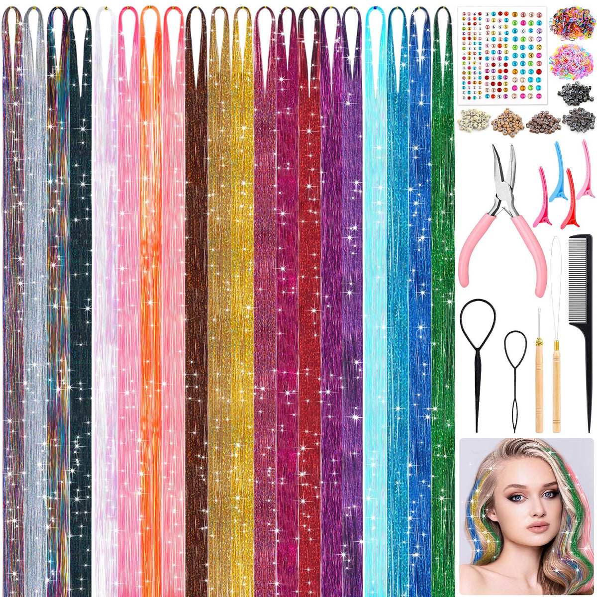 20 Colors Fairy Hair Tinsel Kit 4000 Hair Glitter Strands 48 Inch Heat Resistant Tinsel Hair Extensions Sparkling Shiny Highligh