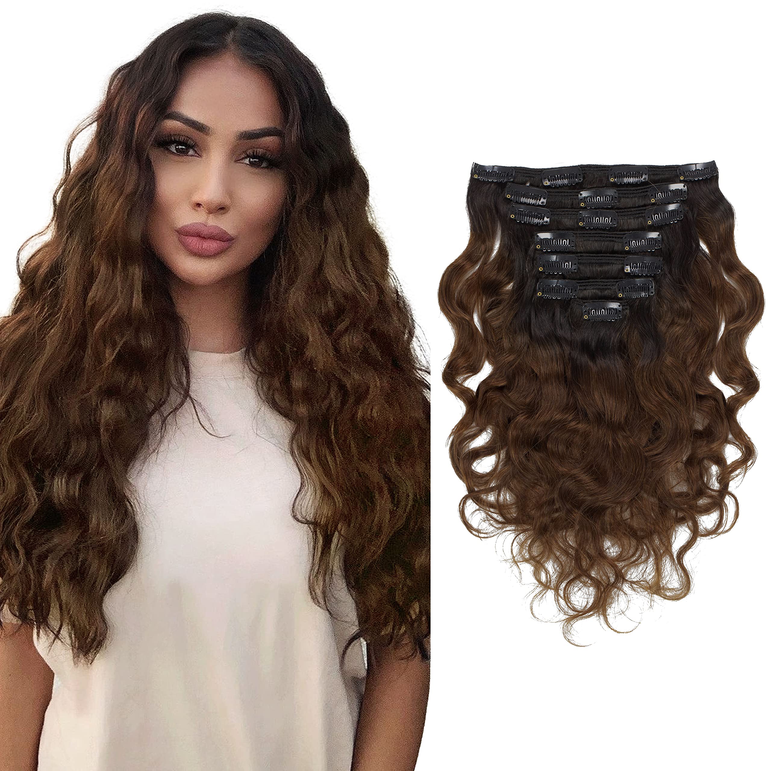 Anrosa Double Weft Human Hair Natural Wave #1B Natural Black Color Fading to #4 Dark Brown Color Clip in 22 Inch Hair Extension 