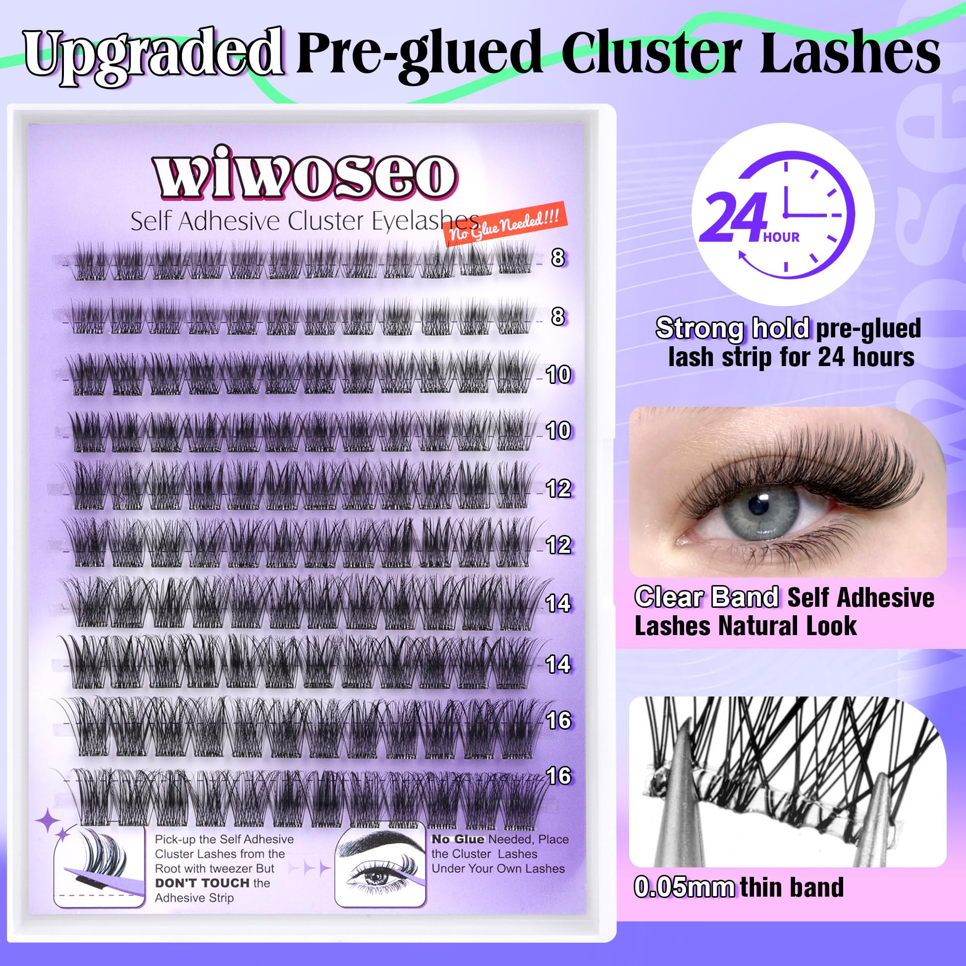 Wiwoseo Self Adhesive Lashes Clear Band Lashes Clusters No Glue Needed Self Adhesive Lash Clusters Pre Glued Eyelash Clusters Pr