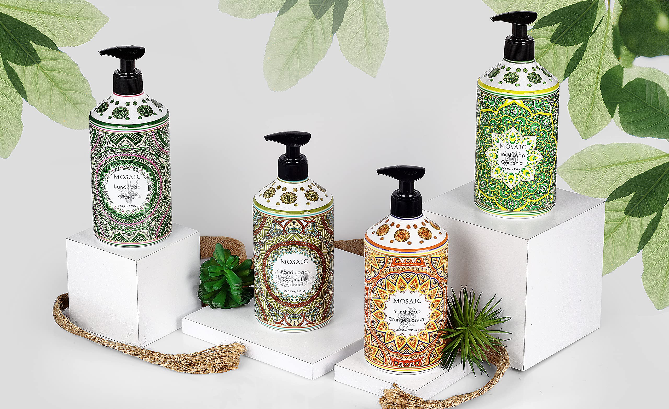 Mosaic Liquid Hand Soap  Hand Wash Gift Set, Ideal Bathroom Hand Soap And Kitchen Hand Soap Set , Olive Oil + Coconut & Hibiscus