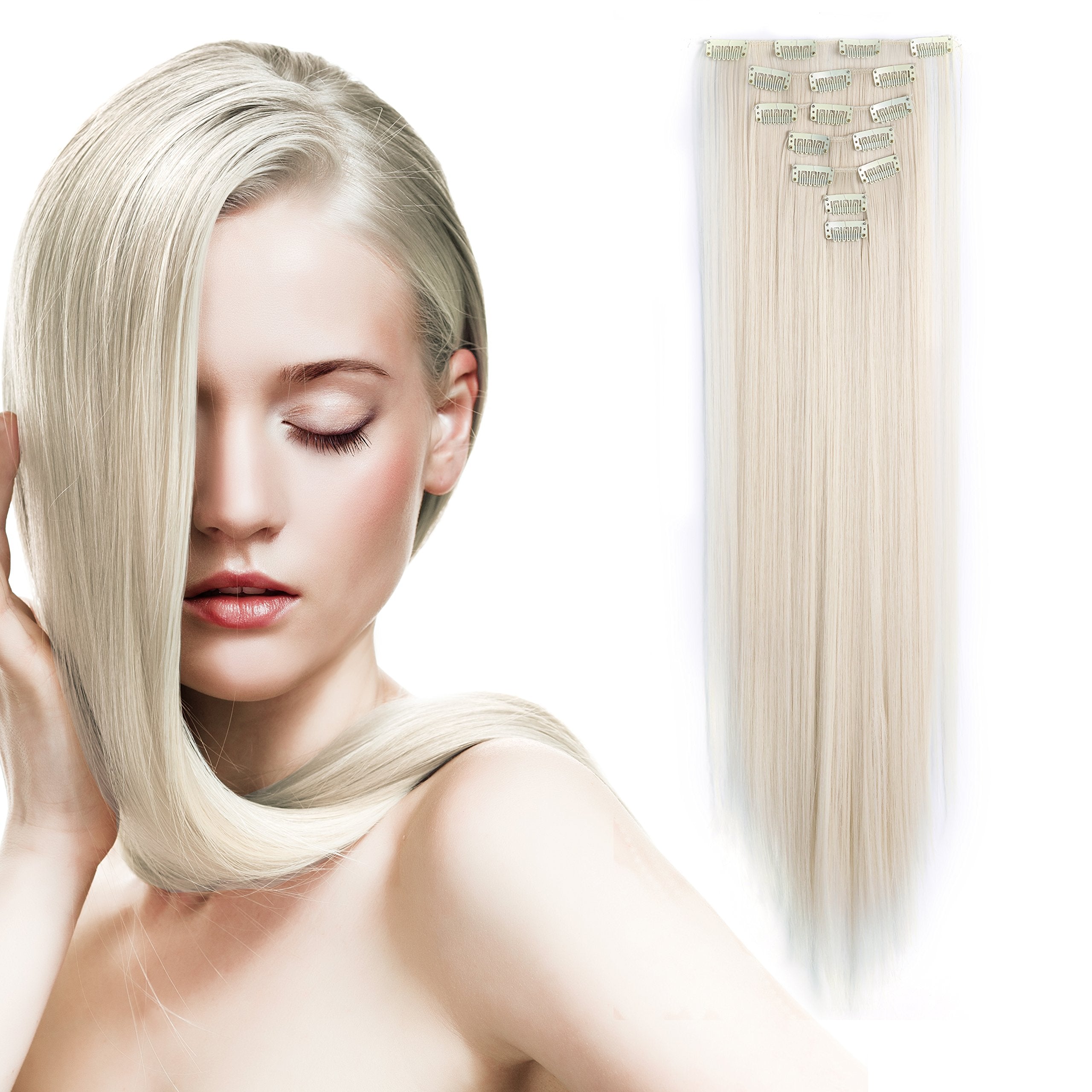 Onedor 24'' Straight Synthetic Clip In Hair Extensions. 7 Individual Pieces For Multiple Styles.140G (60#-Platinum Blonde)
