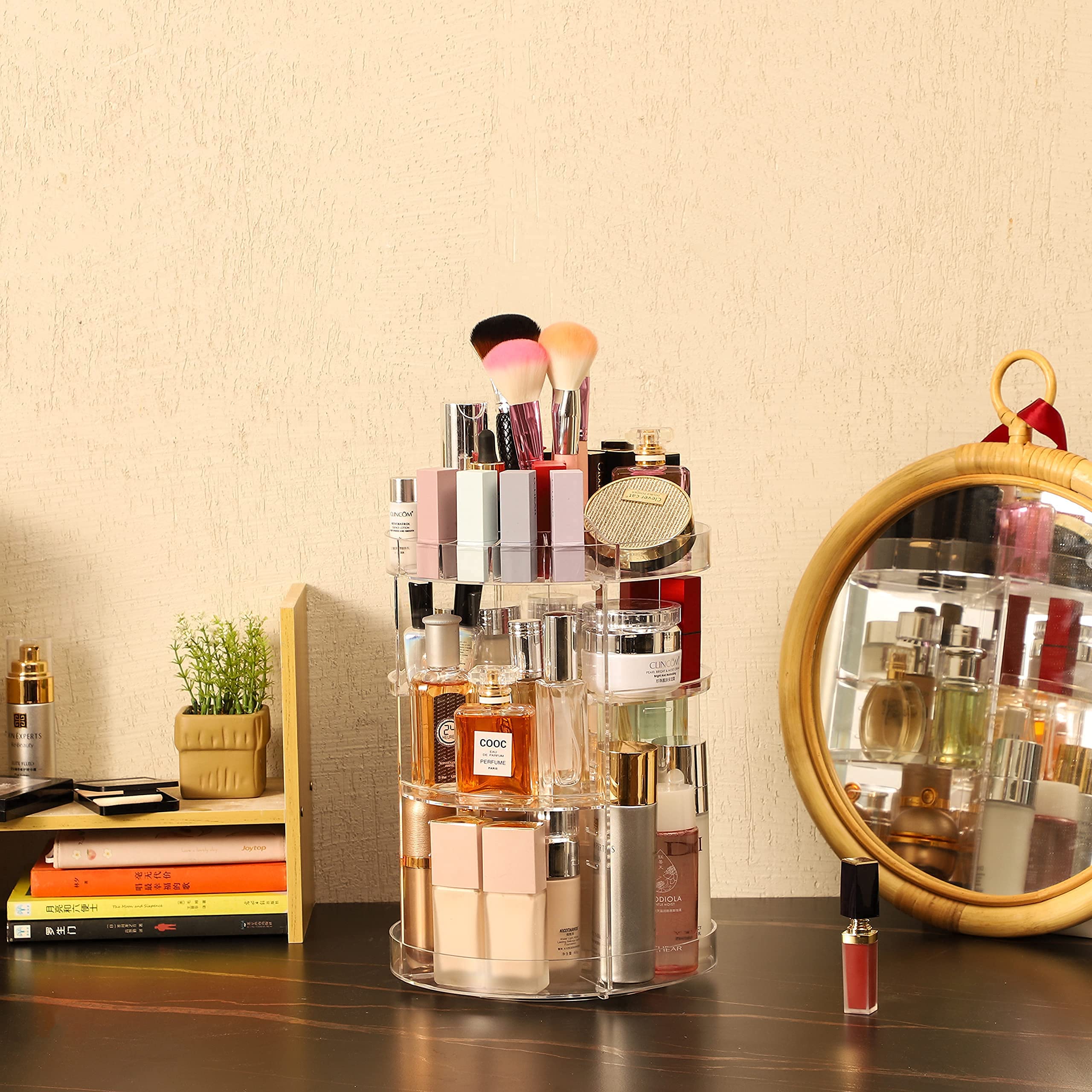 Cq Acrylic 360 Degree Rotating Makeup Organizer For Bathroom,4 Tier Adjustable Spinning Cosmetic Storage Cases And Make Up Holde