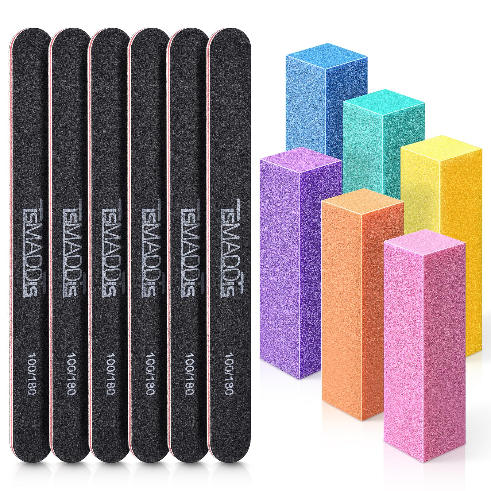 Nail Files And Buffer, Tsmaddts Professional Manicure Tools Kit Rectangular Art Care Buffer Block Tools 100/180 Grit 12Pcs/Pa(Bl