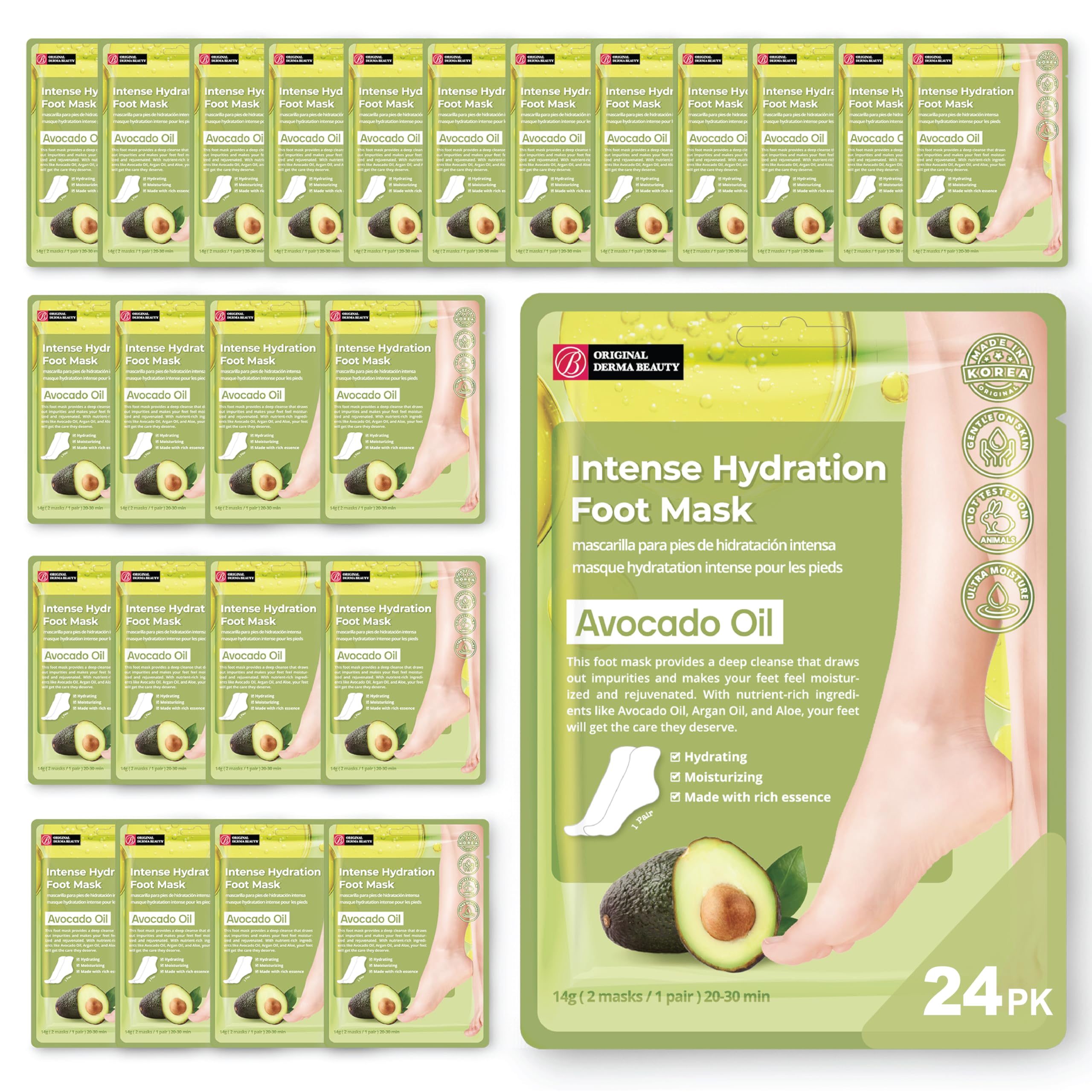 Original Derma Beauty Foot Mask 24 Pairs Intense Hydration Avocado Oil Moisturizing Foot Mask Set Body Exfoliator Callus Remover