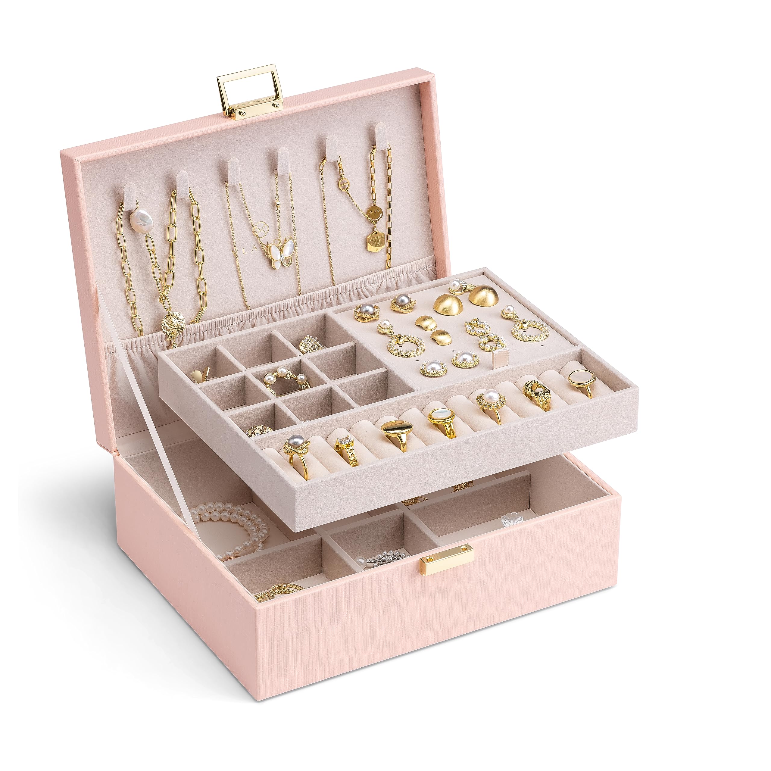 Vlando 2 Layer Jewelry Box Large Jewelry Organizer for Women Removable Jewelery Tray for Necklace Earrings Rings Bracelets Jewel