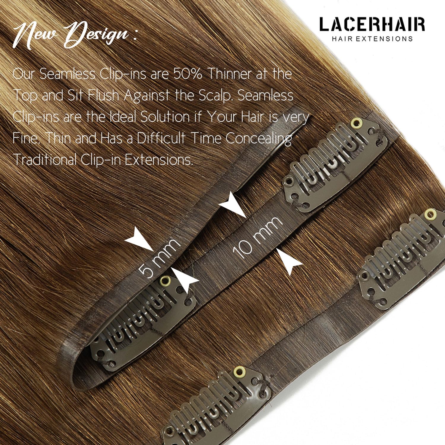Lacer Hair Seamless Extensions Clip In Human Hair Chocolate Brown To Caramel Blonde Highlights With Chocolate Brown Roots 14 Inc
