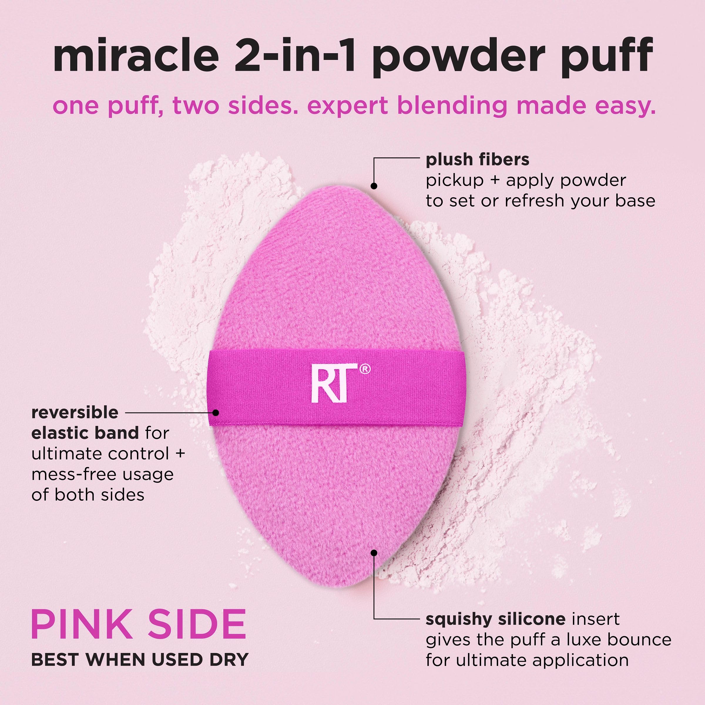 Real Techniques Miracle 2-In-1 Powder Puff 4 Pack, Dual-Sided, Full Size Makeup Blending Puff, Reversible Elastic Band, Makeup S