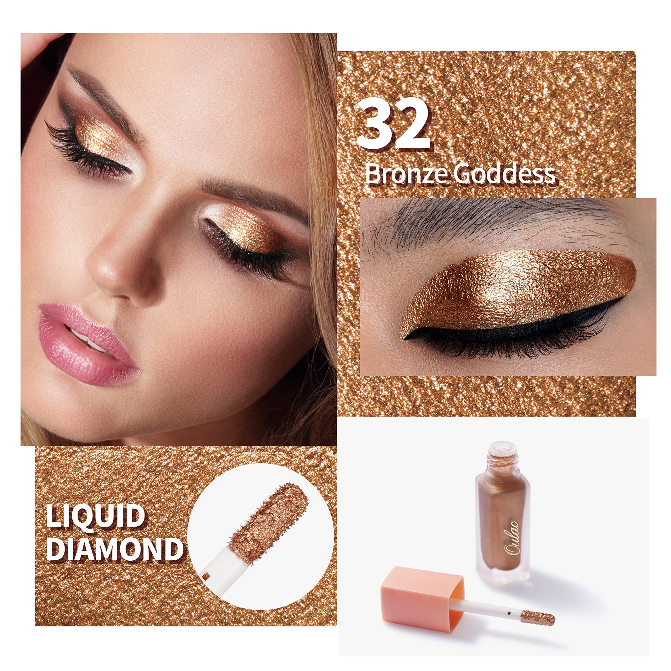 Oulac Liquid Glitter Eyeshadow - Metallic Golden Liquid Eyeliner Shimmer Eye - Non-Creasing, Lightweight, Moisturizing Formula -