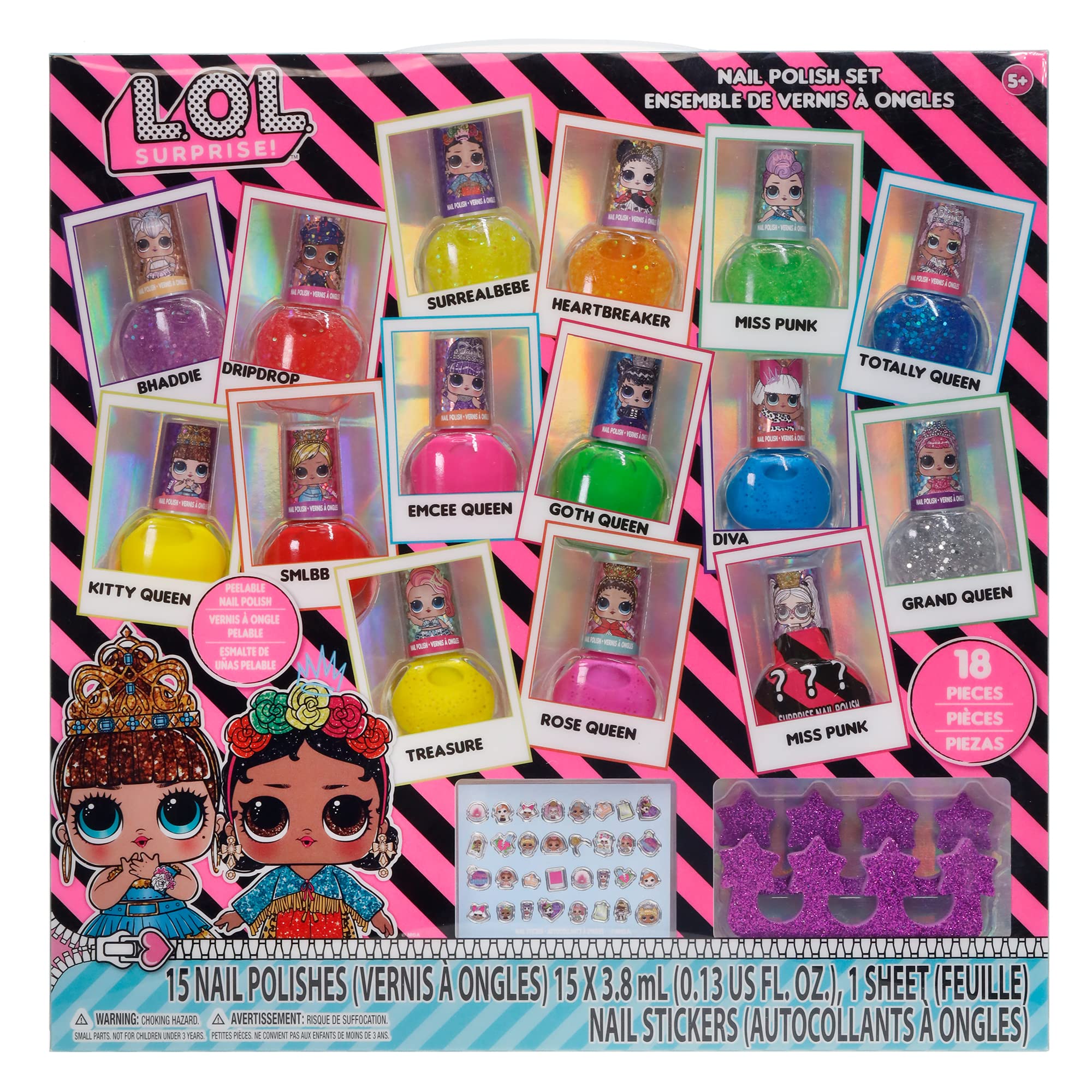 LOL Surprise Girl Peel-Off Nail Polish Activity Set for Girls, Ages 3+ with 15 Nail Polish Colors, Toe Spacers and Nail Stickers