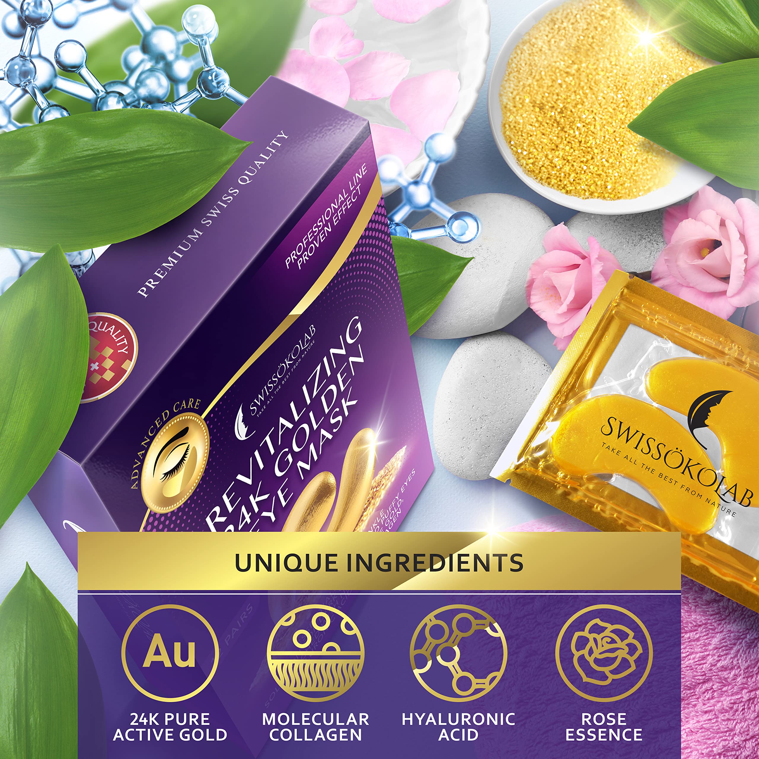 SWISSKOLAB Under Eye Patches For Puffy Eyes 24k Gold Eye Mask Dark Circles And Puffiness Collagen Eye Gel Pads Moisturizing & Re