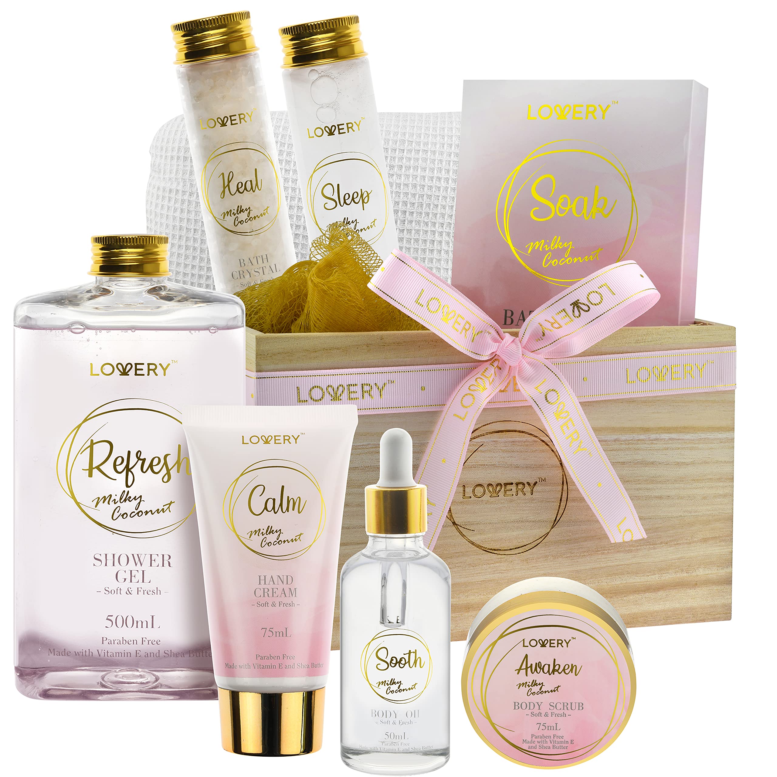 Luxury Bath Gift Set - Home Spa Gift Basket With Milky Coconut Scent, Vitamin E & Shea Butter With Shower Gel, Bath Salt & Cryst