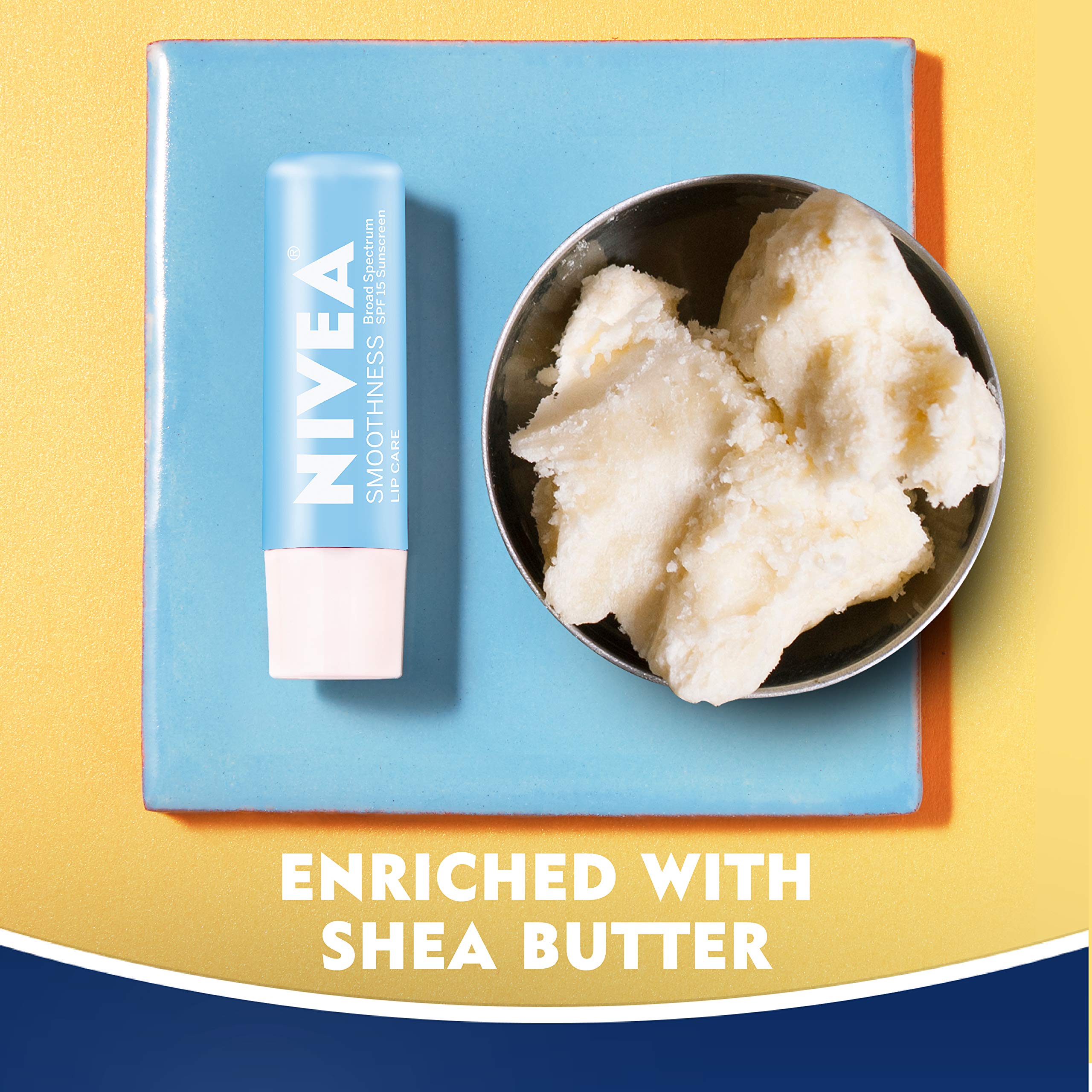 NIVEA Smoothness Lip Care, Lip Balm SPF 15, Mineral Oil Free Lip Moisturizer with Shea Butter, Jojoba Oil and Avocado Oil, 0.17