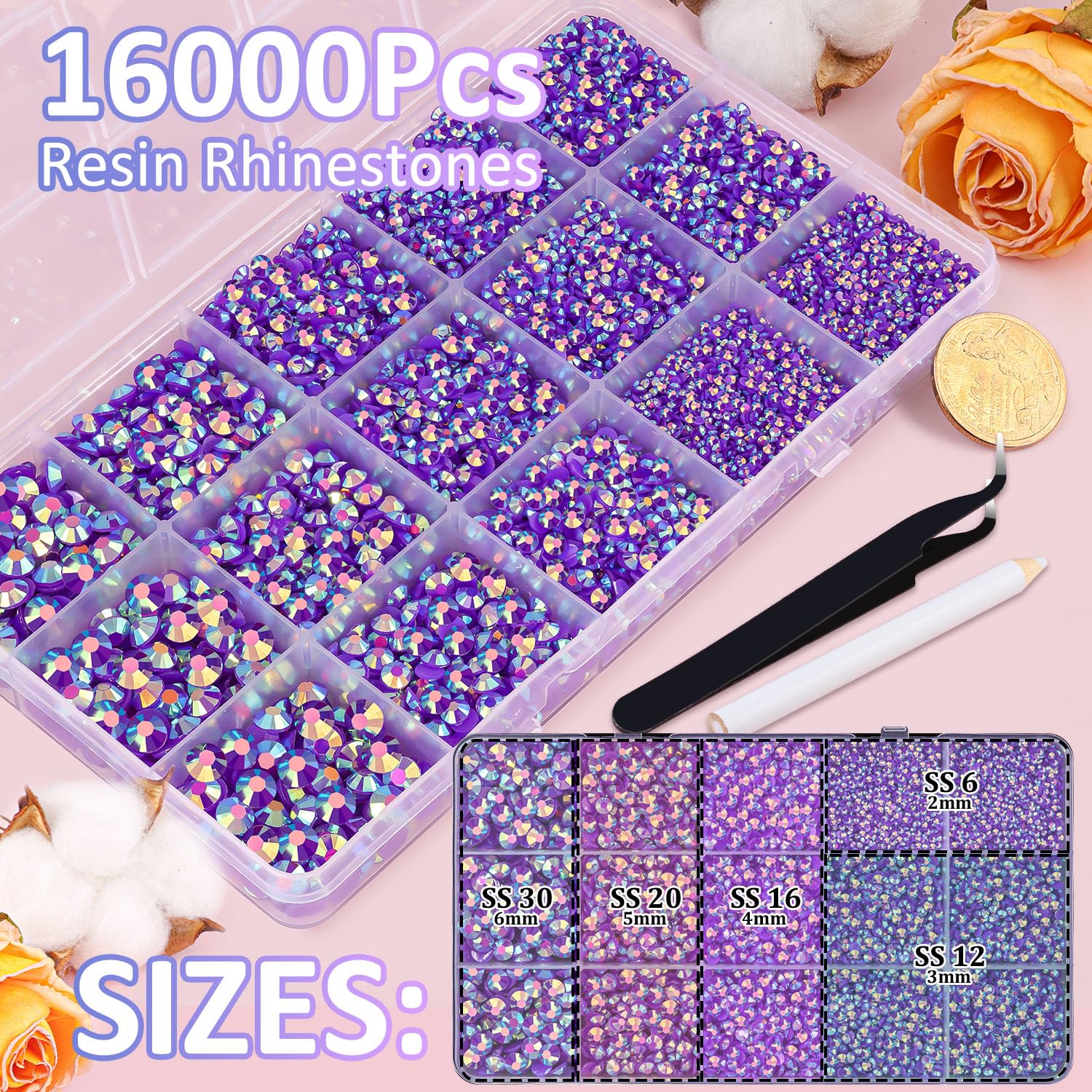 16000Pcs Resin Jelly Rhinestones With Tweezers For Crafting, Dark Purple Ab 2-6Mm Mixed Sizes Flatback Gems, Bedazzling Crystal
