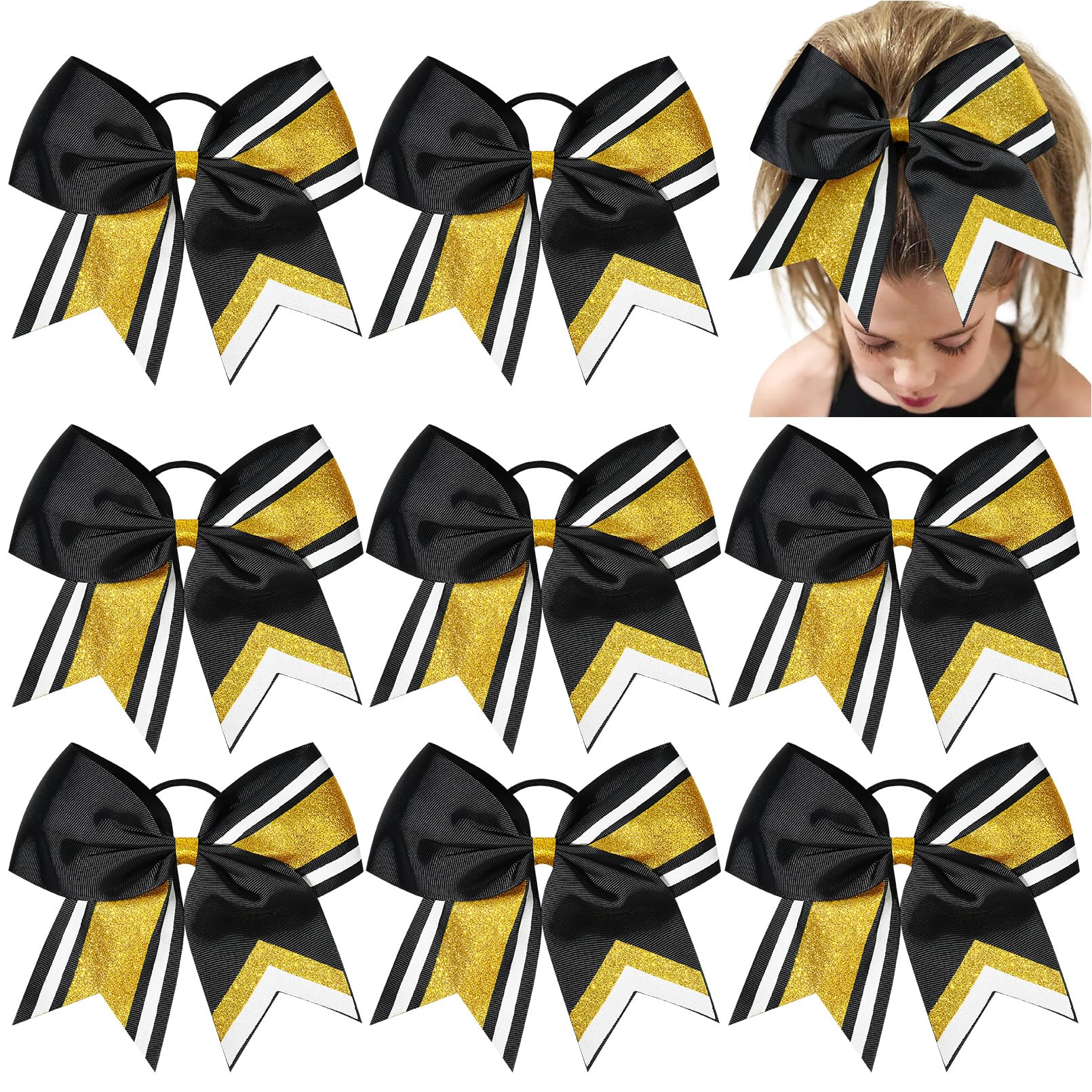 8 PCS Large Cheer Hair Bows 8'' Glitter Hair Bows Gold Black Sparkly Cheerleading Softball Team Bow Hair Accessories for cheerle