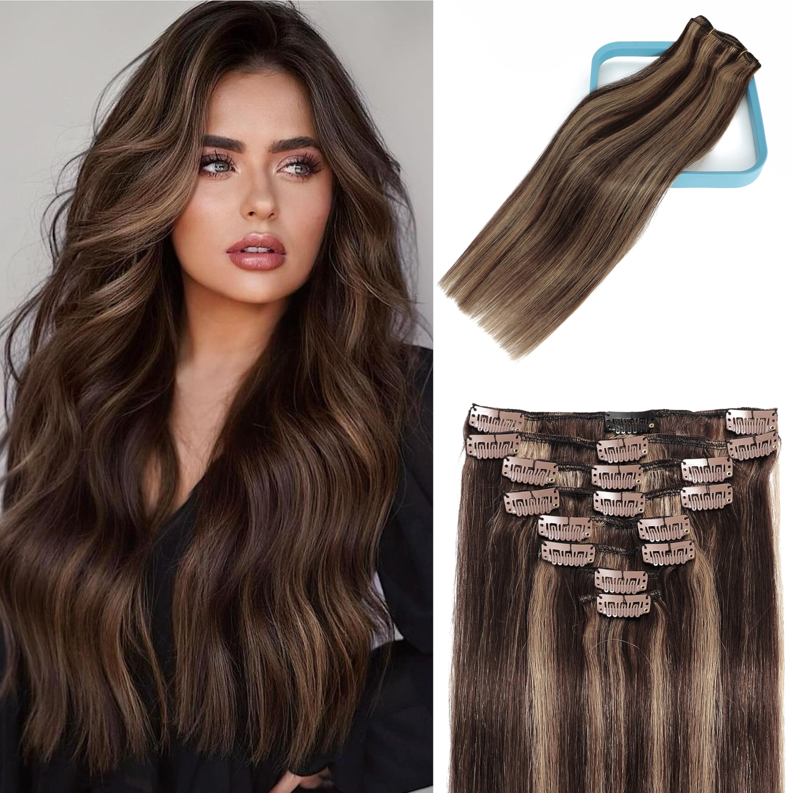 LORIEN Clip in Hair Extensions Real Human Hair, 20 Inch 105g, 2/6 Dark Brown to Chestnut Brown, Clip in 100% Brazilian Remy Huma