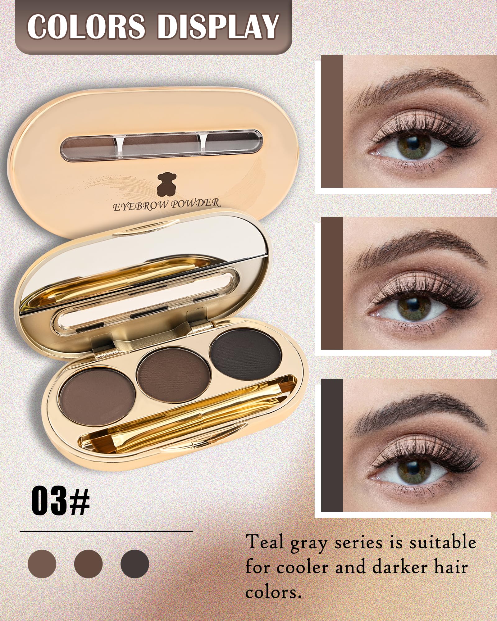 Eyebrow Powder Makeup Kit-3 Colors Eye Brow Tinting Powder Palette For Women Eyebrows Long-Lasting Waterproof, Dark Light Black