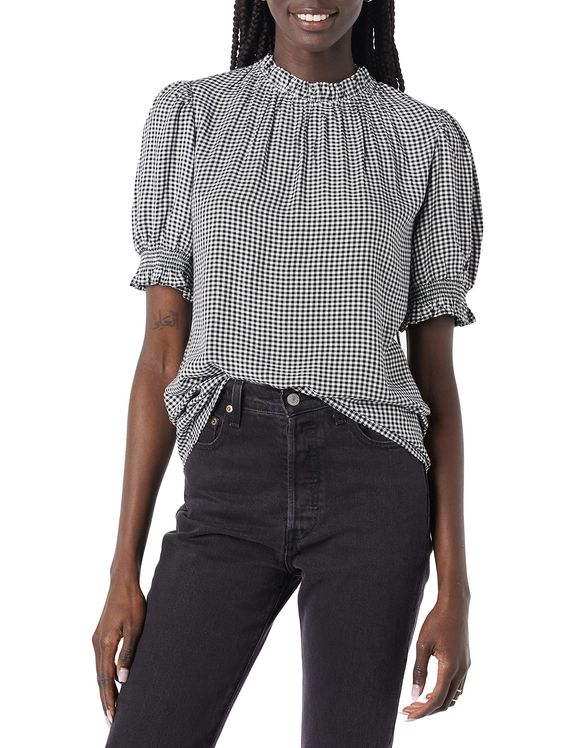 Amazon Essentials Womens Fluid Twill Short Puff Sleeve Smock Detail Shirt, BlackWhite, gingham, X-Small
