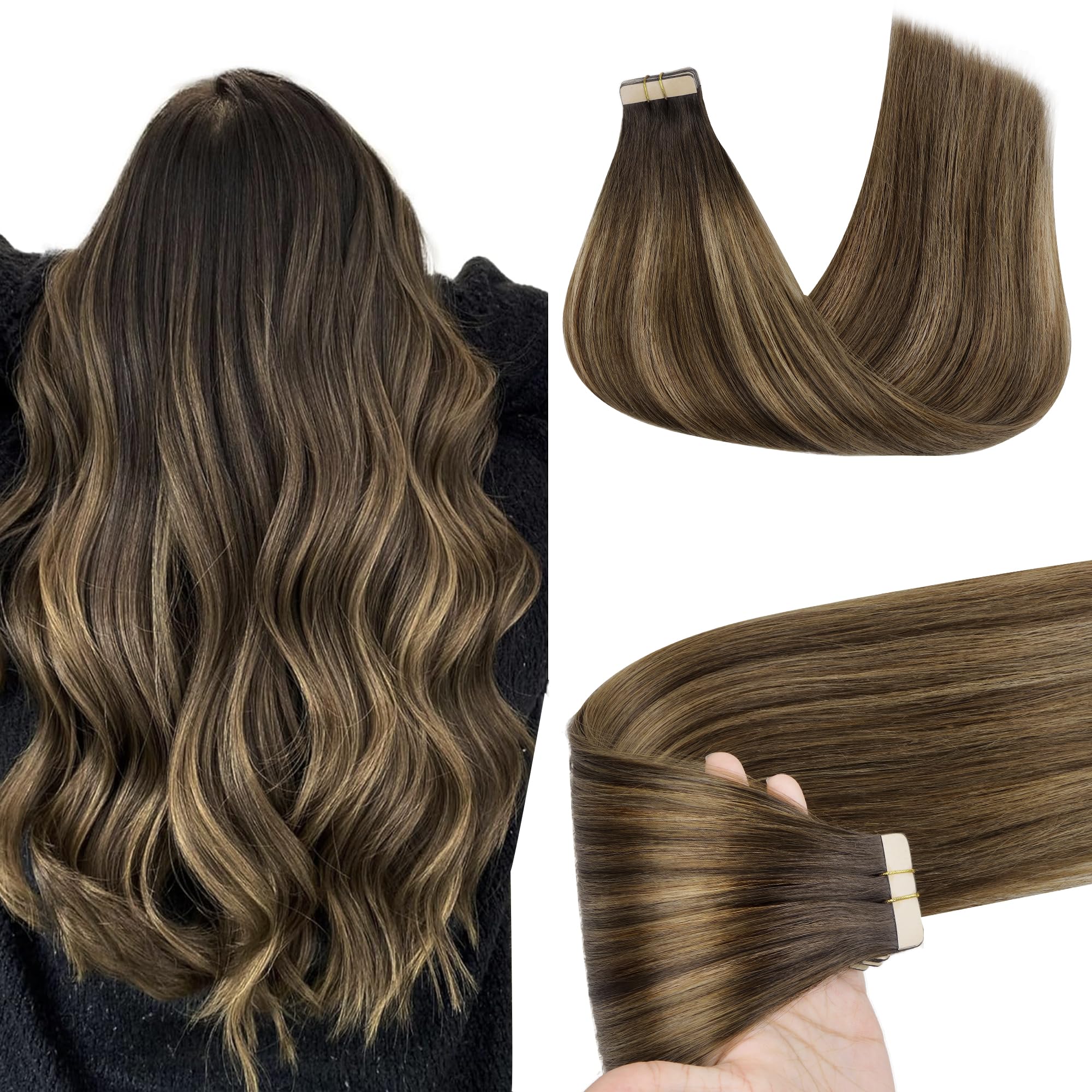 Goo Goo Tape In Hair Extensions Human Hair, 4D/14/5B Brunette Balayage, 12Inch 40G 20Pcs, Thick Ends Straight Seamless Tape In,