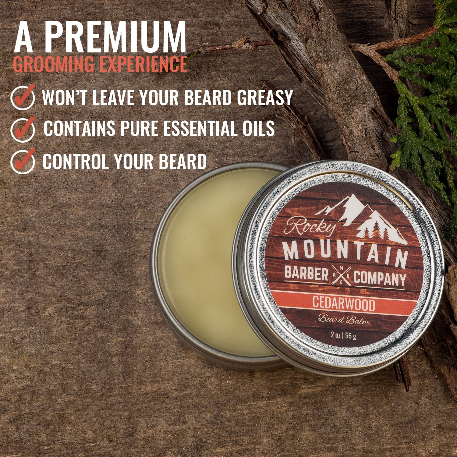 Beard Balm - Rocky Mountain Barber - 100% Natural - Premium Wax Blend With Cedarwood Scent, Nutrient Rich Bees Wax, Jojoba, Tea
