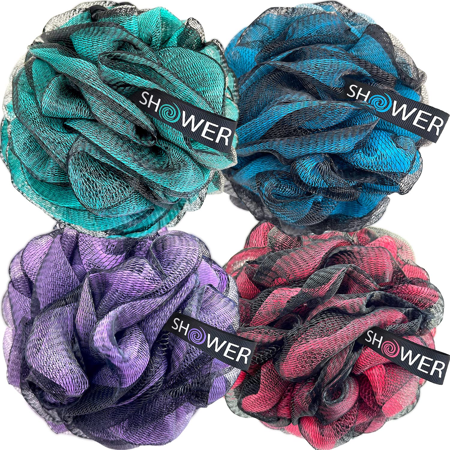 Loofah-Charcoal Bath-Sponge-Color-Set Xl-75G By Shower Bouquet - Extra Large 4 Pack, Soft Mesh Black Bamboo Loufa Puff - Exfolia
