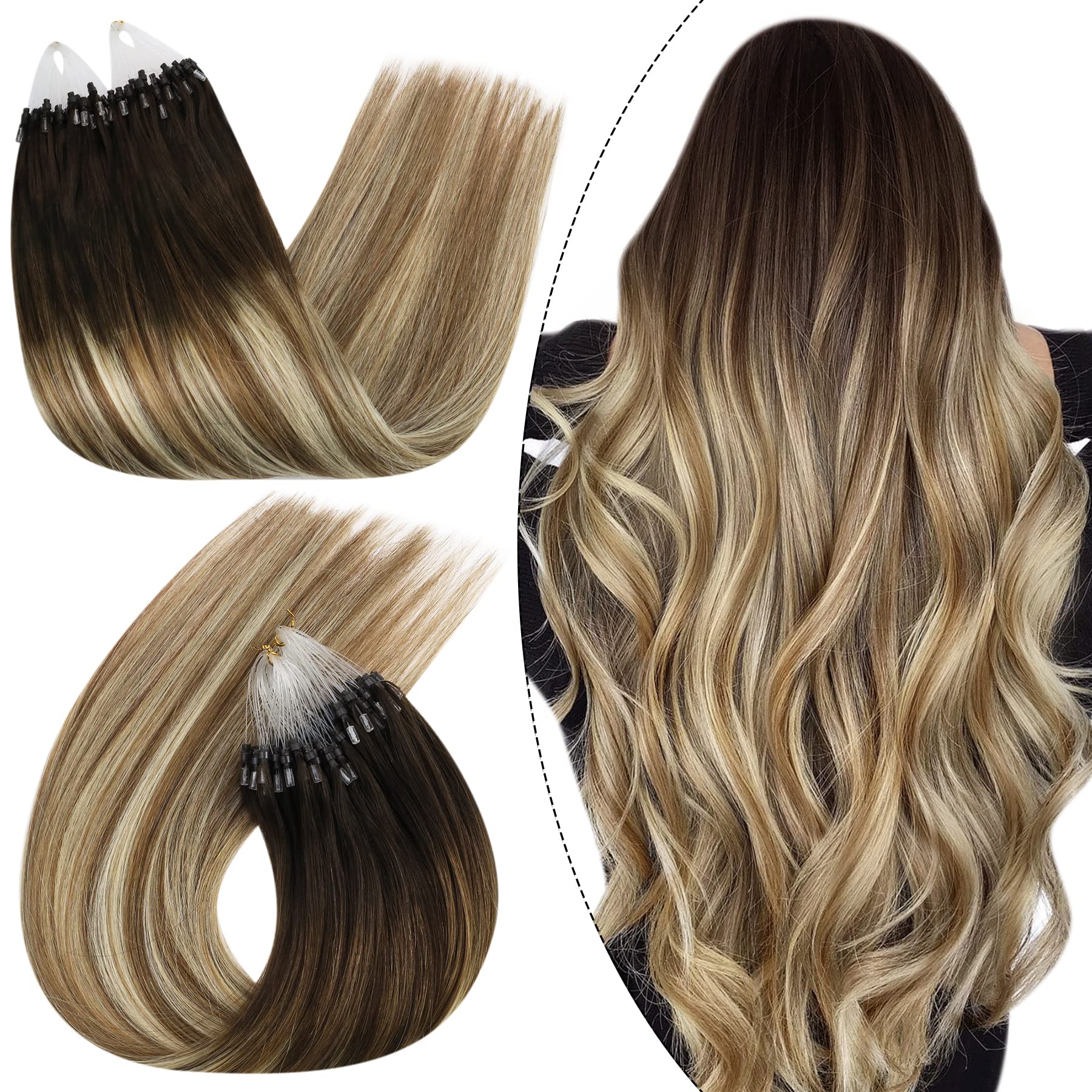 Ugeat 20 Inch Microbead Hair Extensions Human Hair Colorful Hair Extensions #4/6/613 Microlink Hair Extensions Nano Ring Tipped