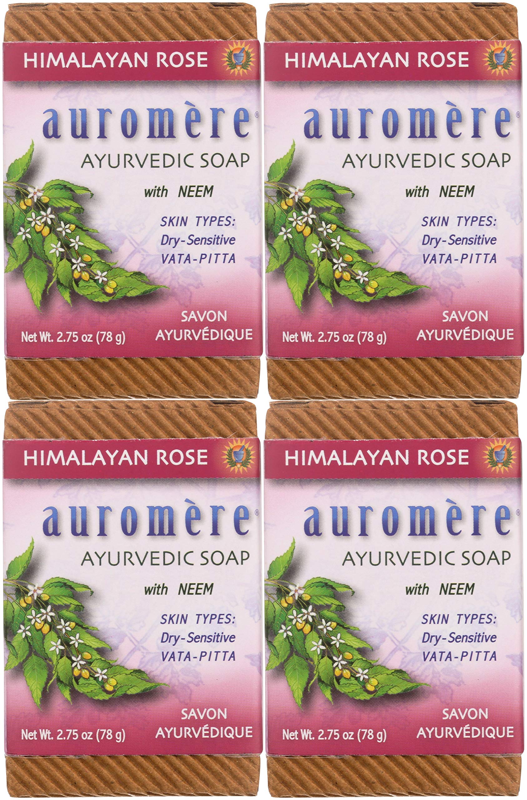 Auromere Ayurvedic Bar Soap, Himalayan Rose - Eco Friendly, Handmade, Vegan, Cruelty Free, Natural, Non GMO (2.75 oz), 4 pack