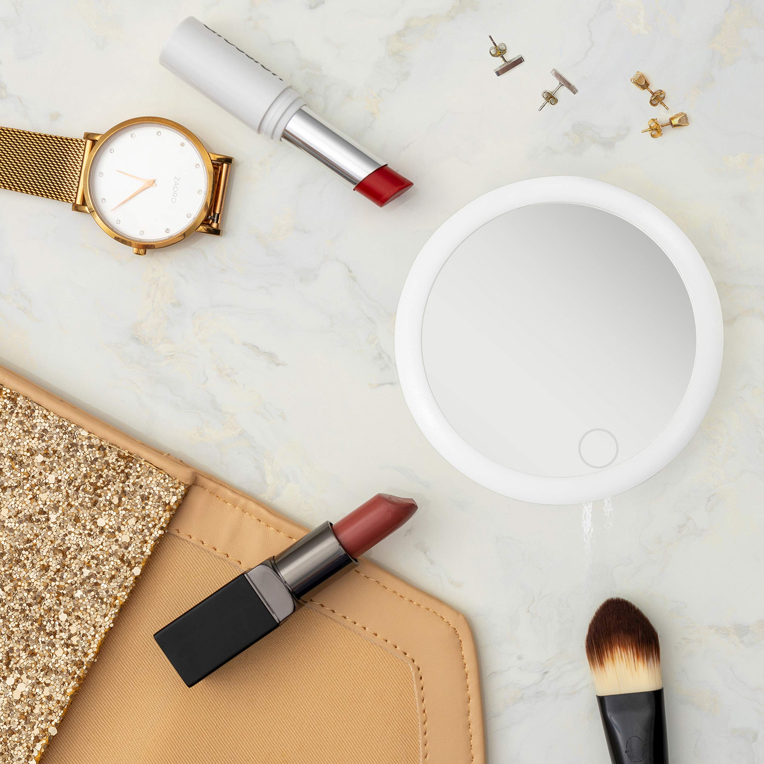 Zadro 4'' Round Led Mirror Makeup Travel Mirror With Light Rechargeable Compact Mirror For Purses Portable Carrying Pouch