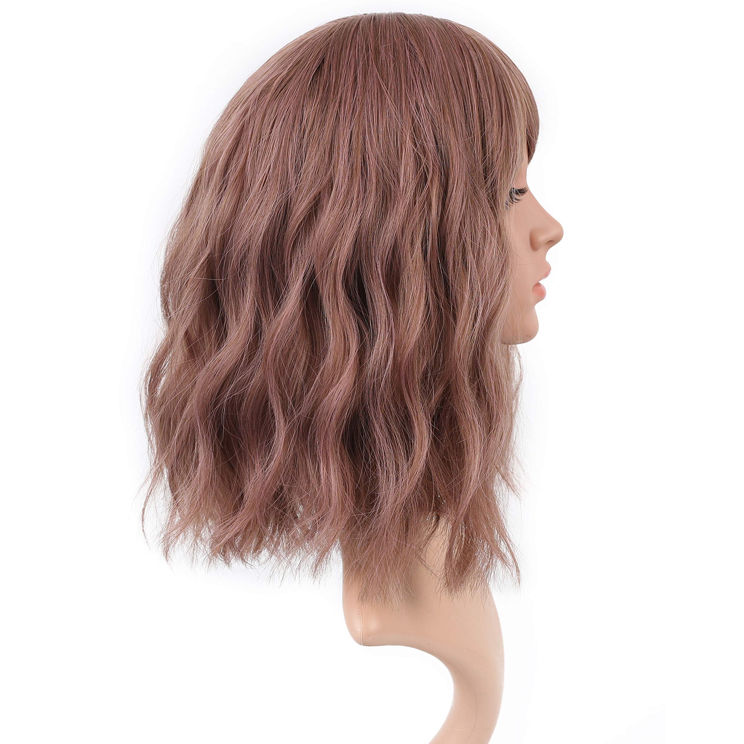 VCKOVCKO Rattan Short Natural Wavy Wig With Air Bangs Shoulder Length Curly Cosplay Synthetic Wig Bob Wig for Girl and Women's C