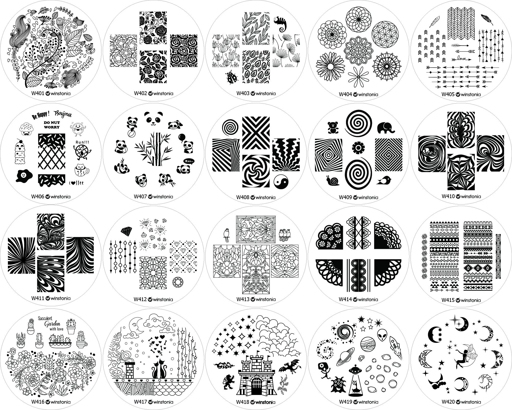 Winstonia Nail Art Stamping Plate 20 Pcs Bundle Set Manicure Decoration Templates - Water-Marbling, Floral, Galaxy, Fantasy, Lac