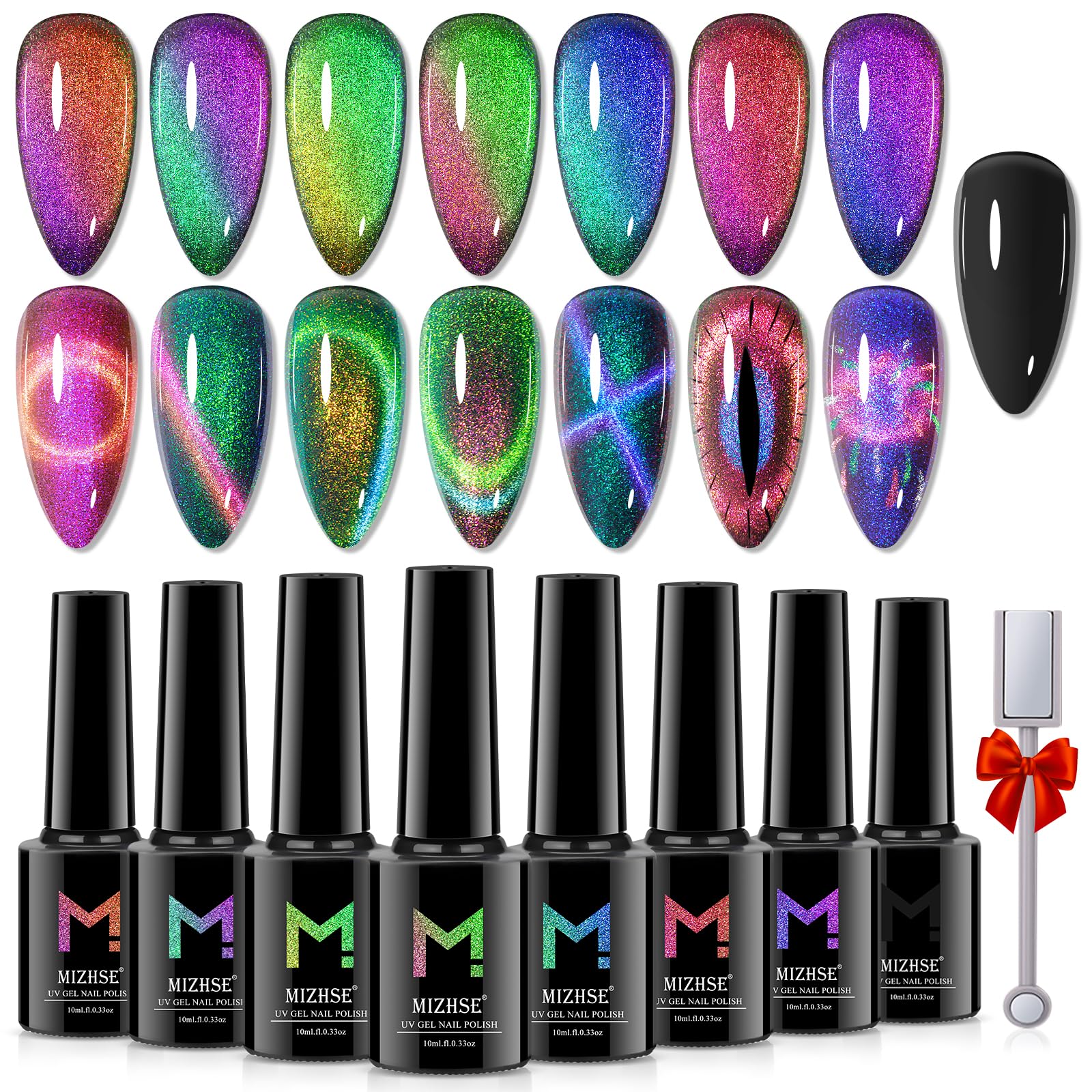 Mizhse 9D Cat Eye Gel Nail Polish 8X10Ml, Dual Color Galaxy Magnetic Nail Polish Gel, Magic Cateye Chameleon Diy Nail Art Manicu