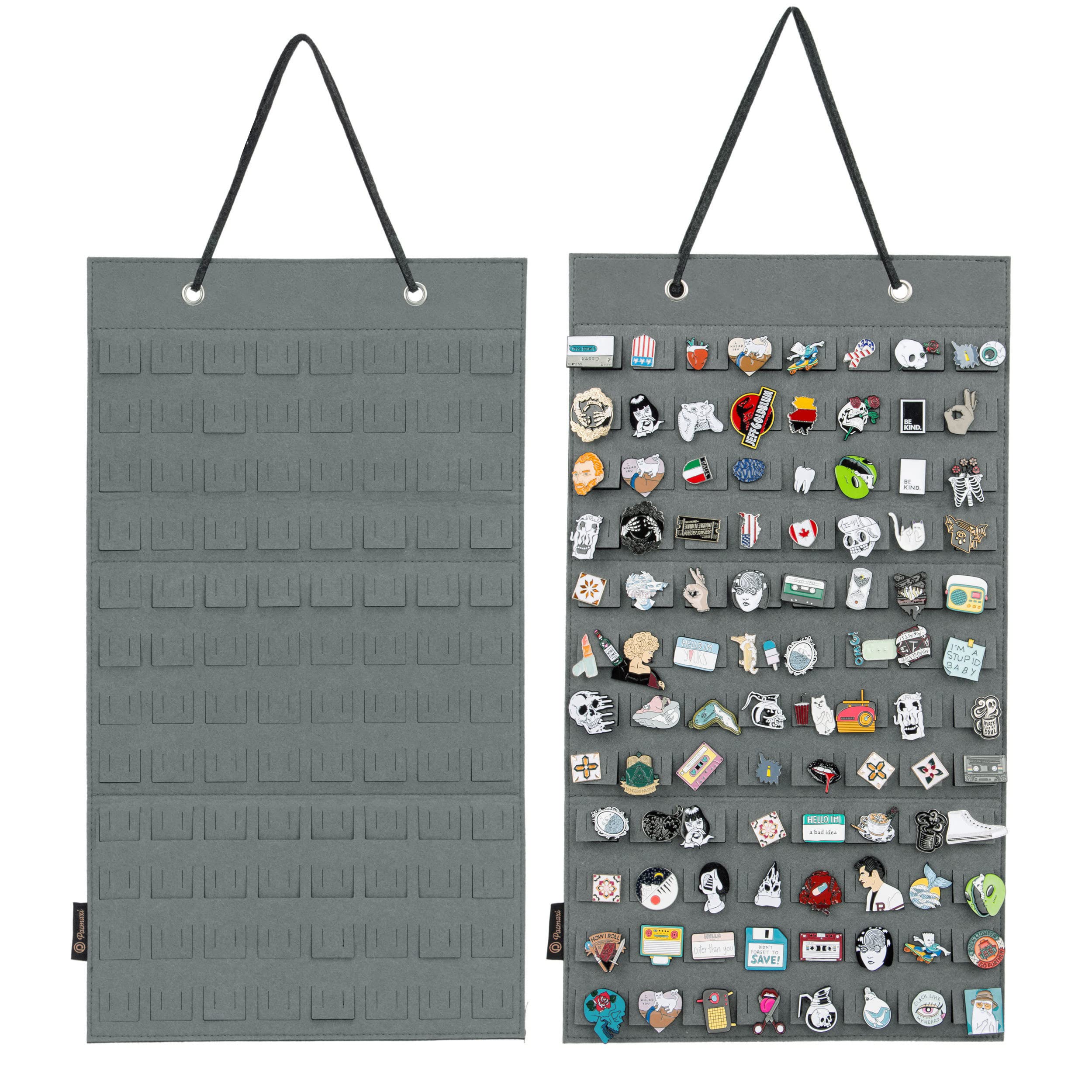 PACMAXI Hanging Brooch Pin Organizer, Display Pins Storage Case, Brooch Collection Storage Holder, Holds Up to 96 Pins.(Not Include Any Accessories) (S-96 Slots, Grey, Small)