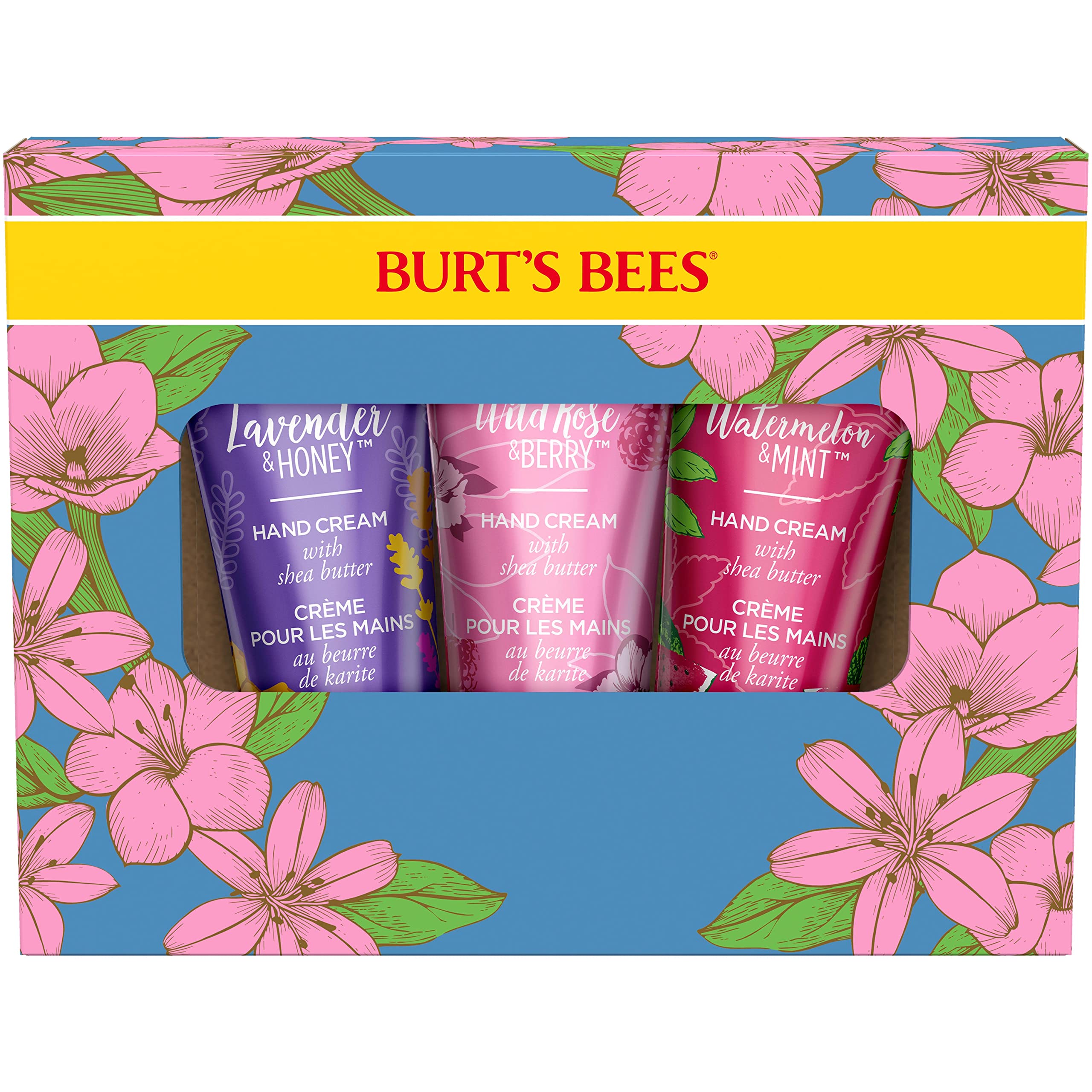 Burts Bees Spring Gift, 3 Moisturizing Self Care Gifts, Shea Butter Hand Cream Trio Spring Set - Lavender & Honey, Wild Rose & B