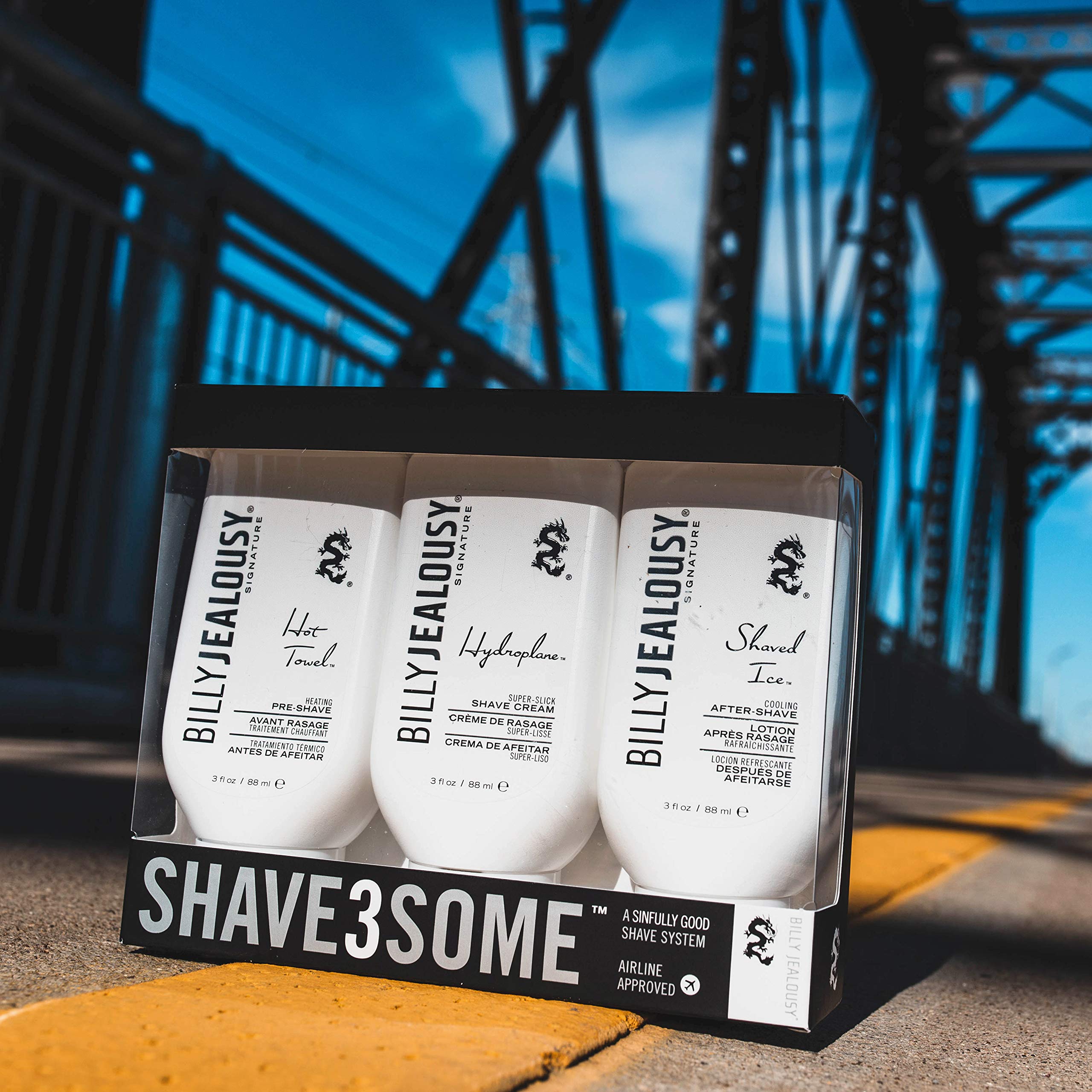 Billy Jealousy Shave3some Travel-Size Trio Shaving Kit for Men with Heating Pre-Shave, Super Slick Shave Cream and Cooling After