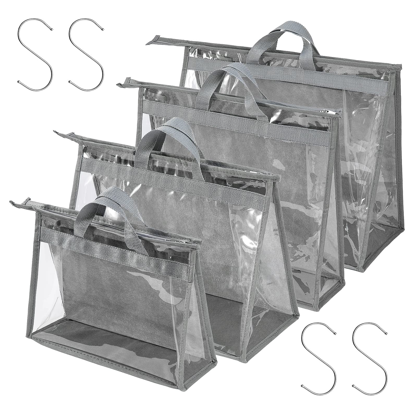 CINPIUK 4 Pack Handbag Dust Bags Clear Purse Storage Organizer for Closet, Zipper Hanging Storage Bag for Handbags, Grey