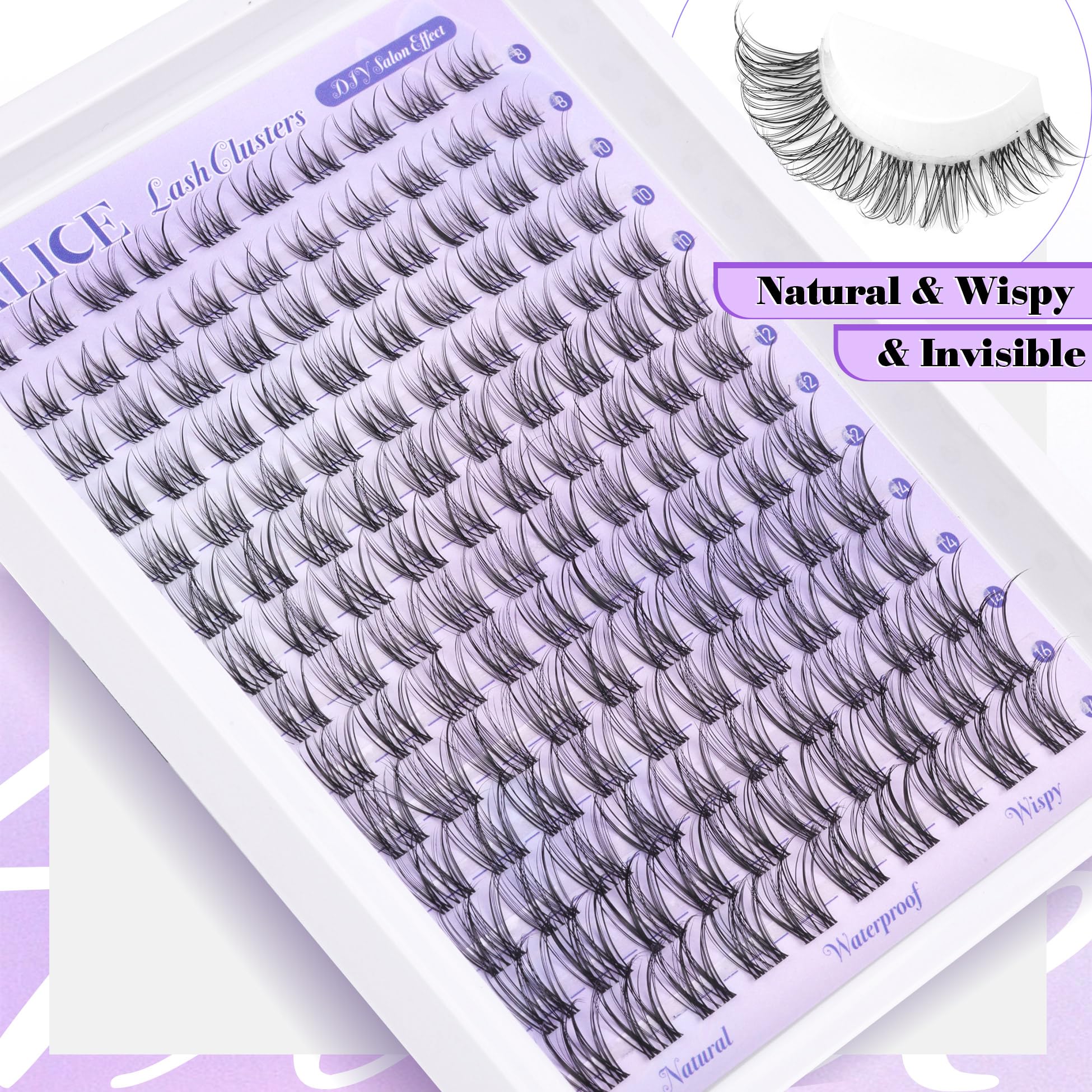 ALICE Lash Clusters - Natural Waterproof Eyelash Extensions, 8-16mm, Black, Wispy Individual Lashes with Invisible Band