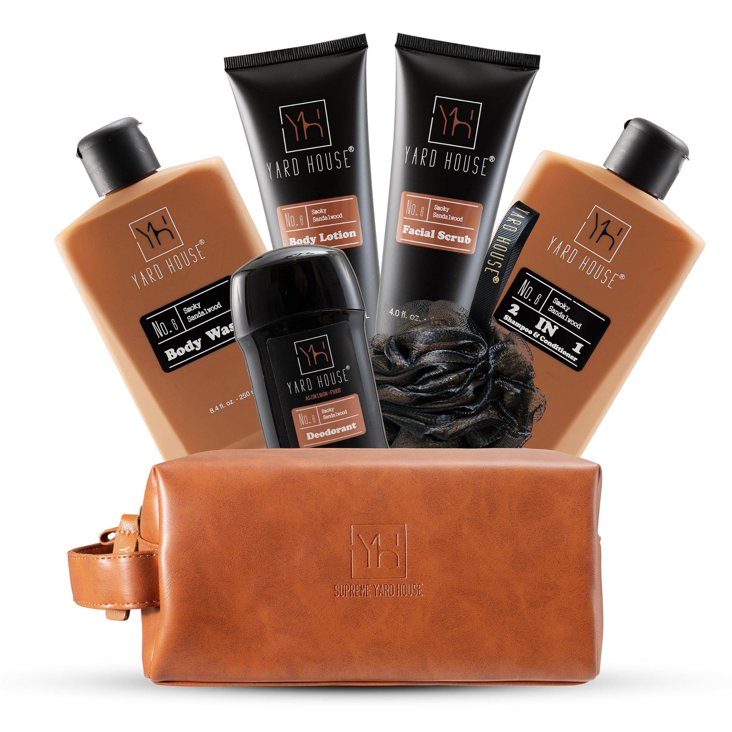 Yard House Luxury Mens Bath And Body Gift Set Basket For Him - Smoky Sandalwood - All Natural Skin Care Kit For Men W. Full Size