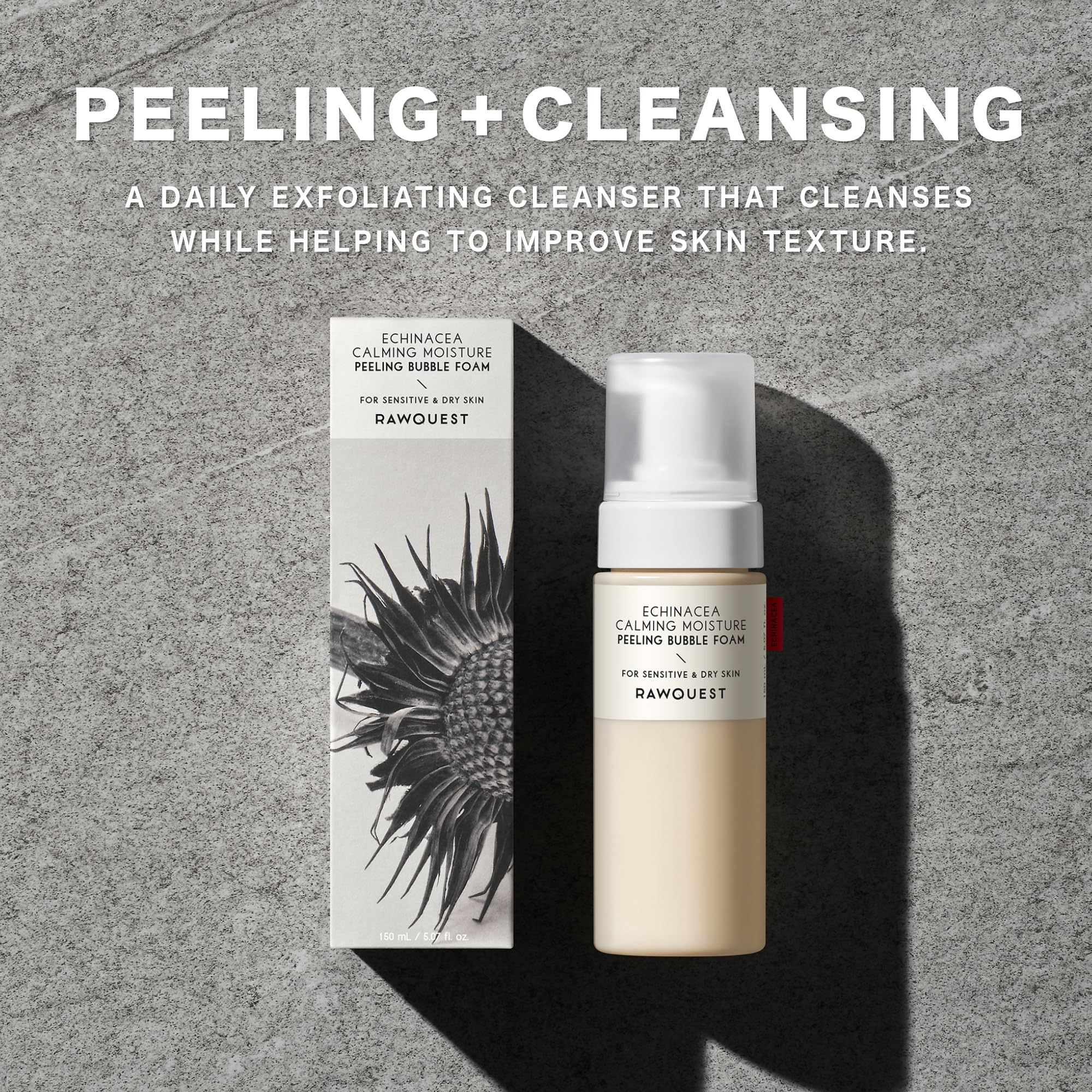 RAWQUEST Echinacea Calming Moisture Peeling Bubble Foam (5.07 Fl. Oz,150ml) | Foaming Facial Cleanser Non-Stripping, Non-Sticky,