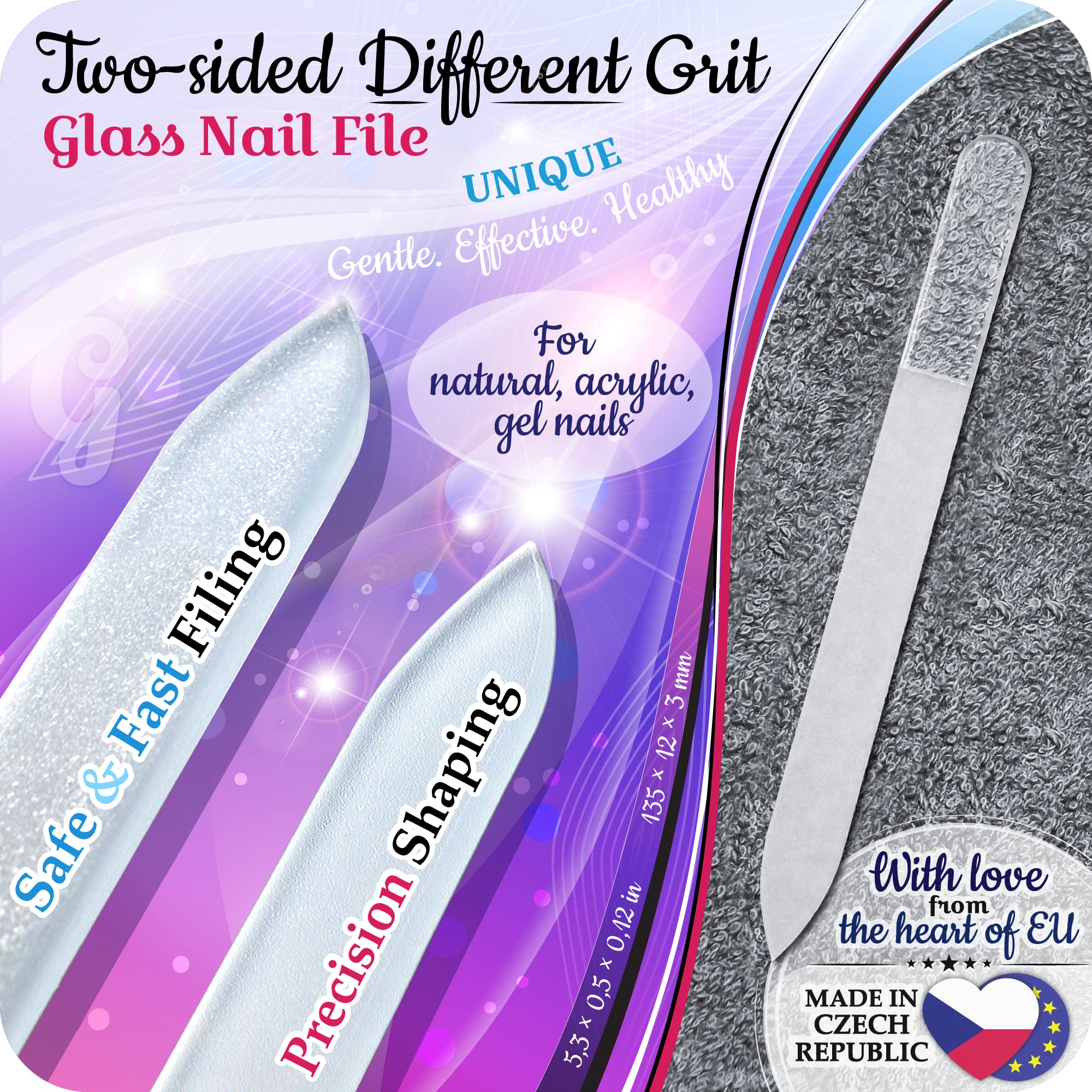 Gladzy Genuine Czech Glass Nail File Set - Callus Remover Foot Rasp, Cuticle Pusher Manicure Stick, Double Sided Etched Differen