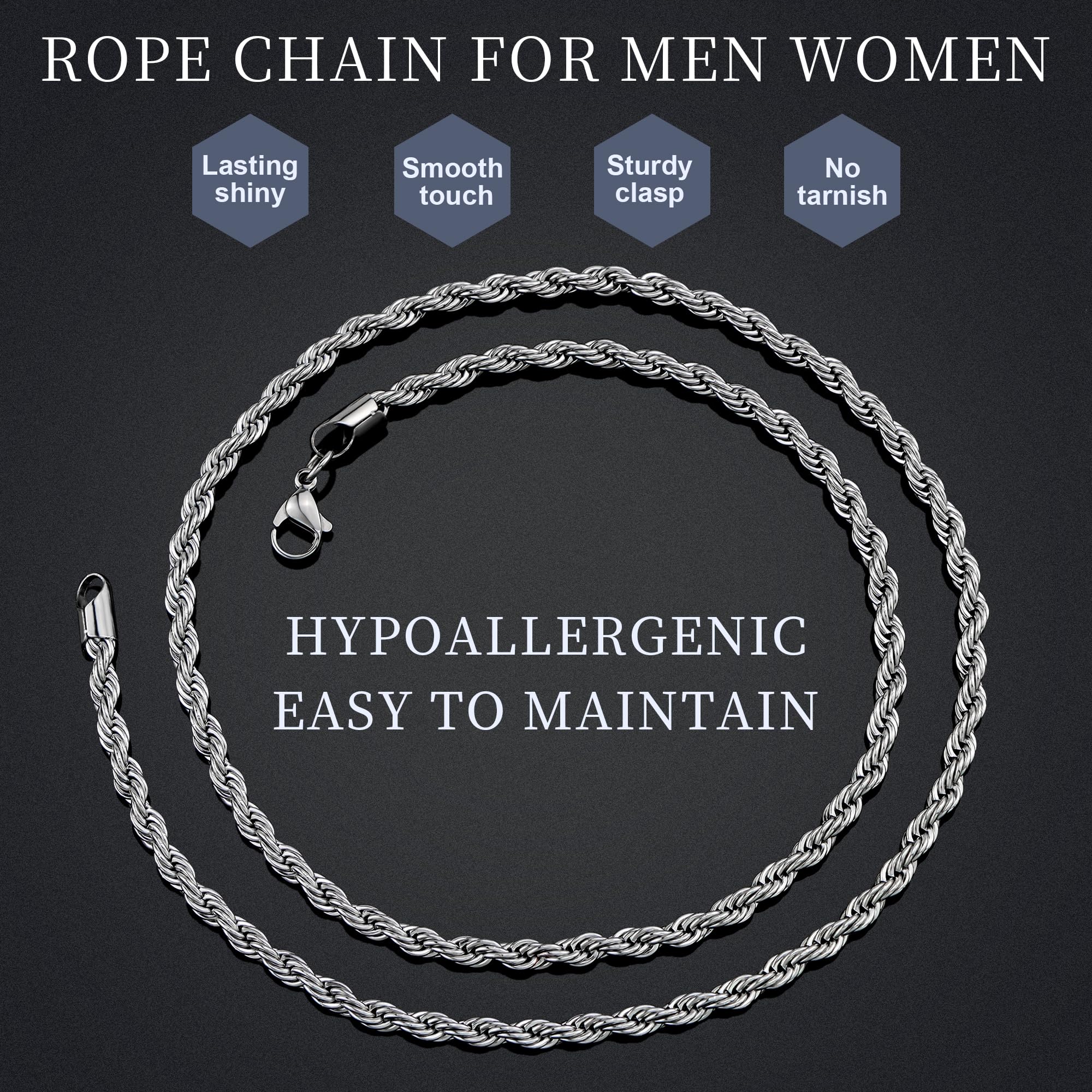 Giftall 3MM Rope Chain Necklace Stainless Steel Twist Rope Chain Necklace for Men Women 18 Inches