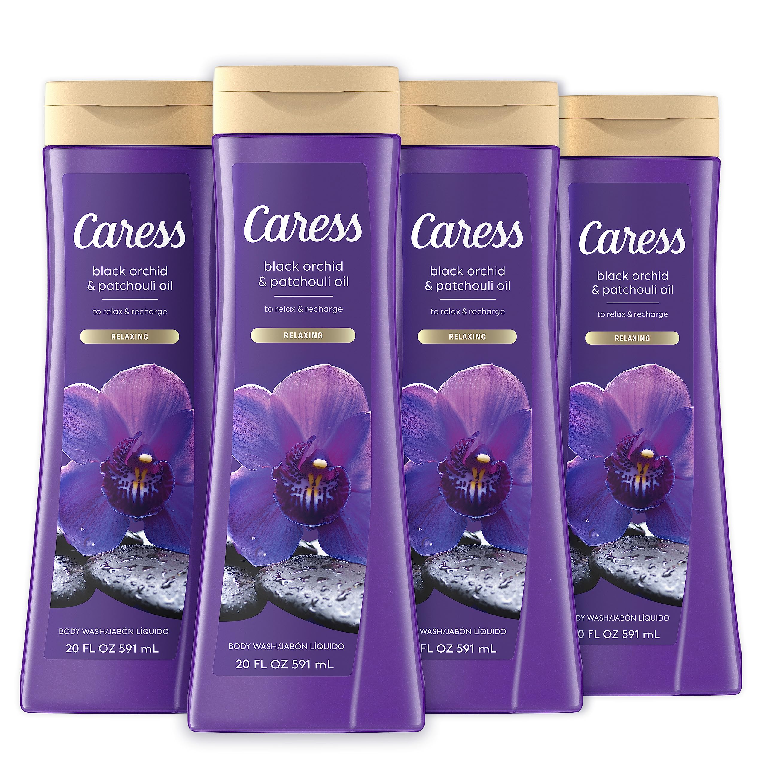 Caress Body Wash For Women, Black Orchid & Patchouli Oil, Relaxing, Fragrant Shower Gel To Relax And Recharge, 20 Fl Oz, 4 Pack
