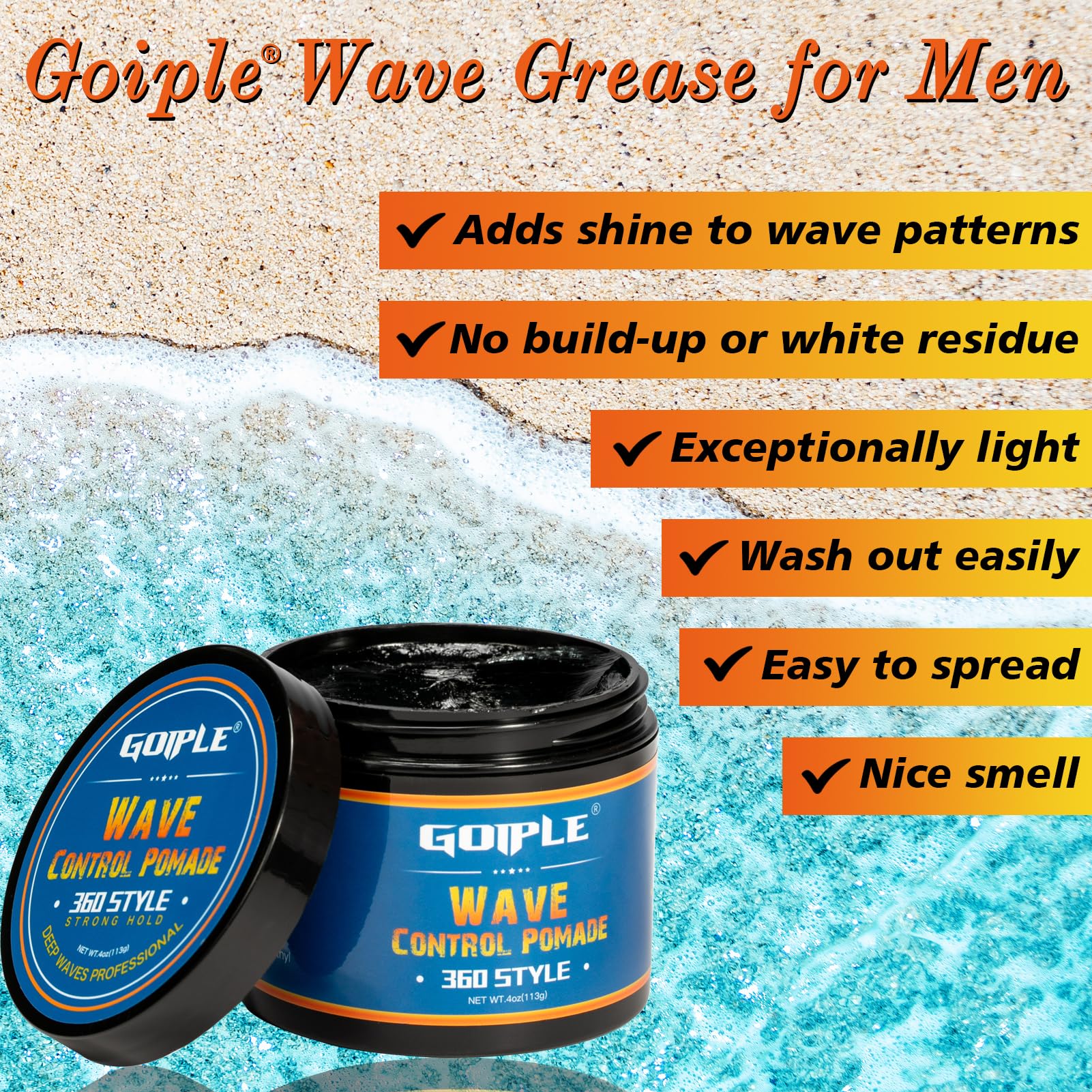 Goiple Natural Wave Pomade for Men, Strong Hold, Easy Wash, 4oz, Blue, Water-Based Hair Cream for Waves and Shine