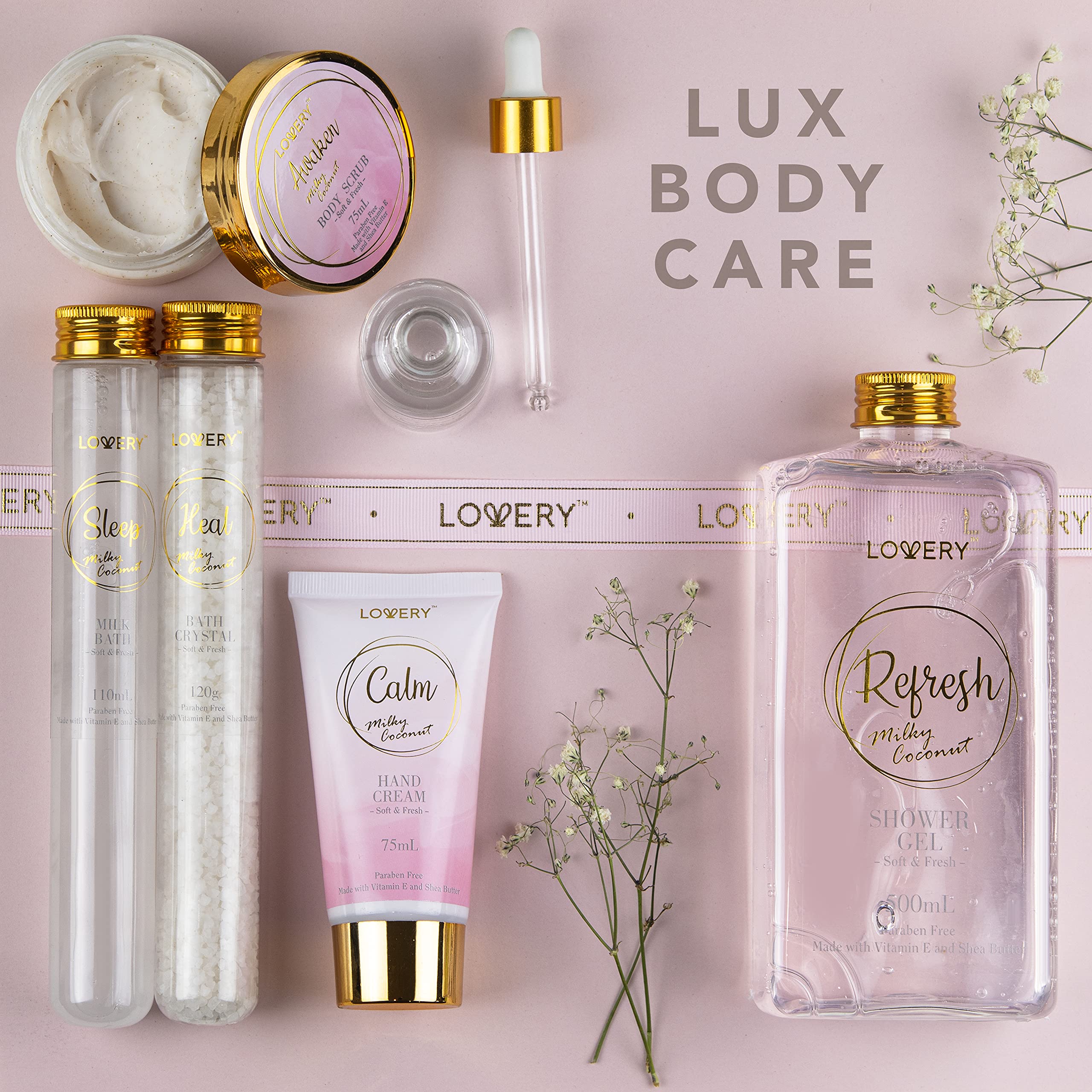 Luxury Bath Gift Set - Home Spa Gift Basket With Milky Coconut Scent, Vitamin E & Shea Butter With Shower Gel, Bath Salt & Cryst