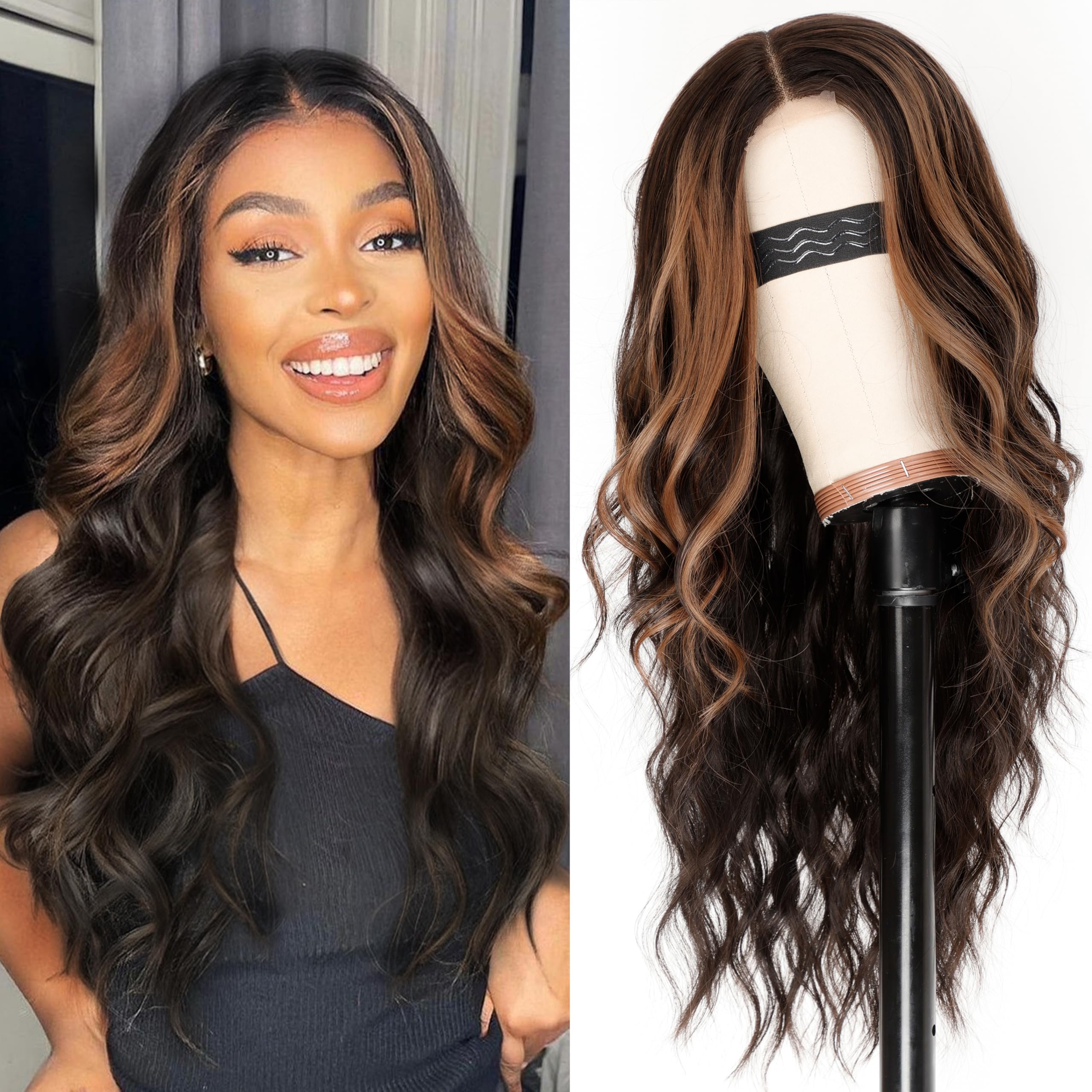 AISI HAIR Dark Brown with Highlights Wig for Women, Long Wavy Lace Hairline Wig, 26 Inch Middle Part Synthetic Heat Resistant Wi