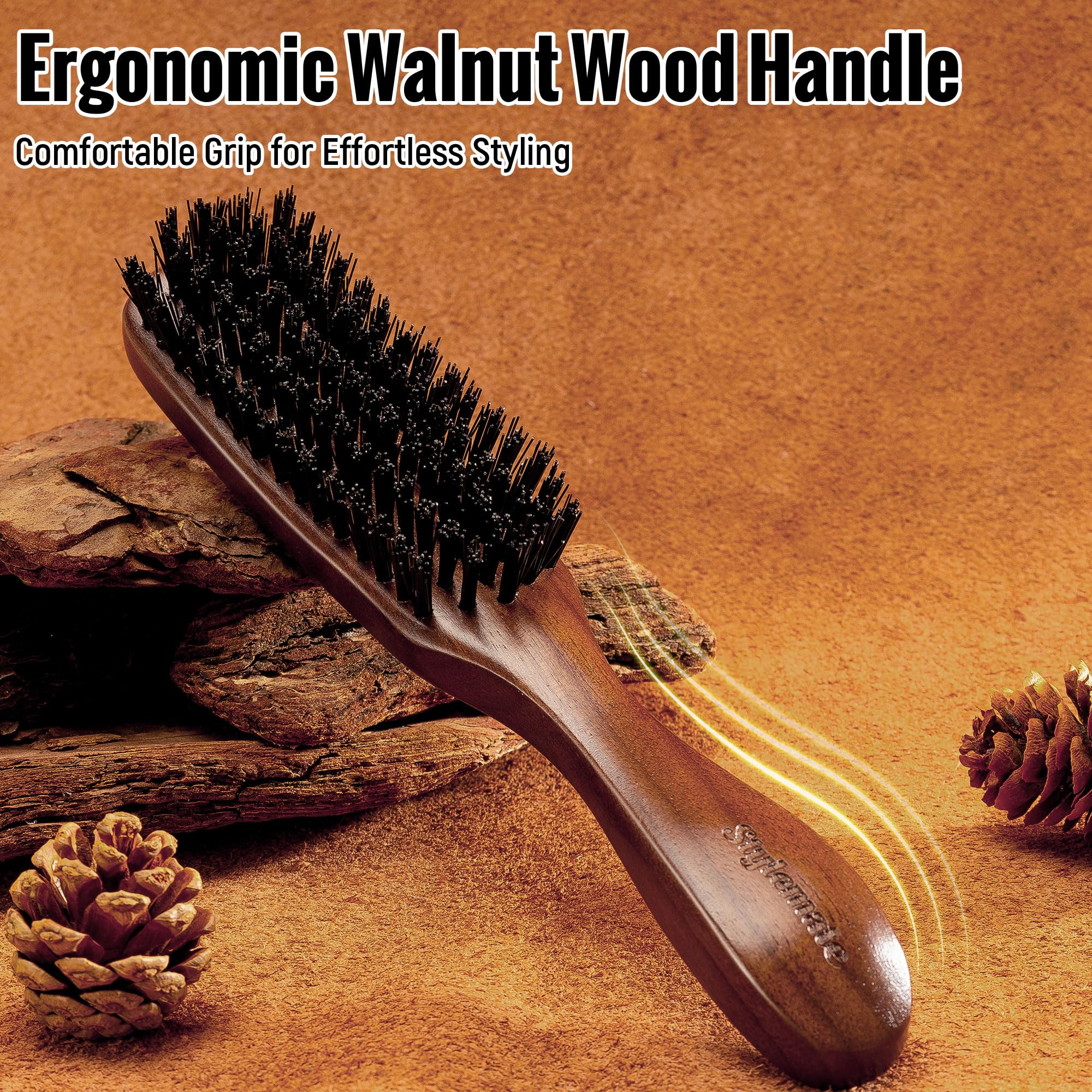 Nylon Hair Brush For Men, Mens Slick Back Hair Brush With Stiff Bristles & Wooden Walnut Handle For Thick & Fine Hair Smoothing,